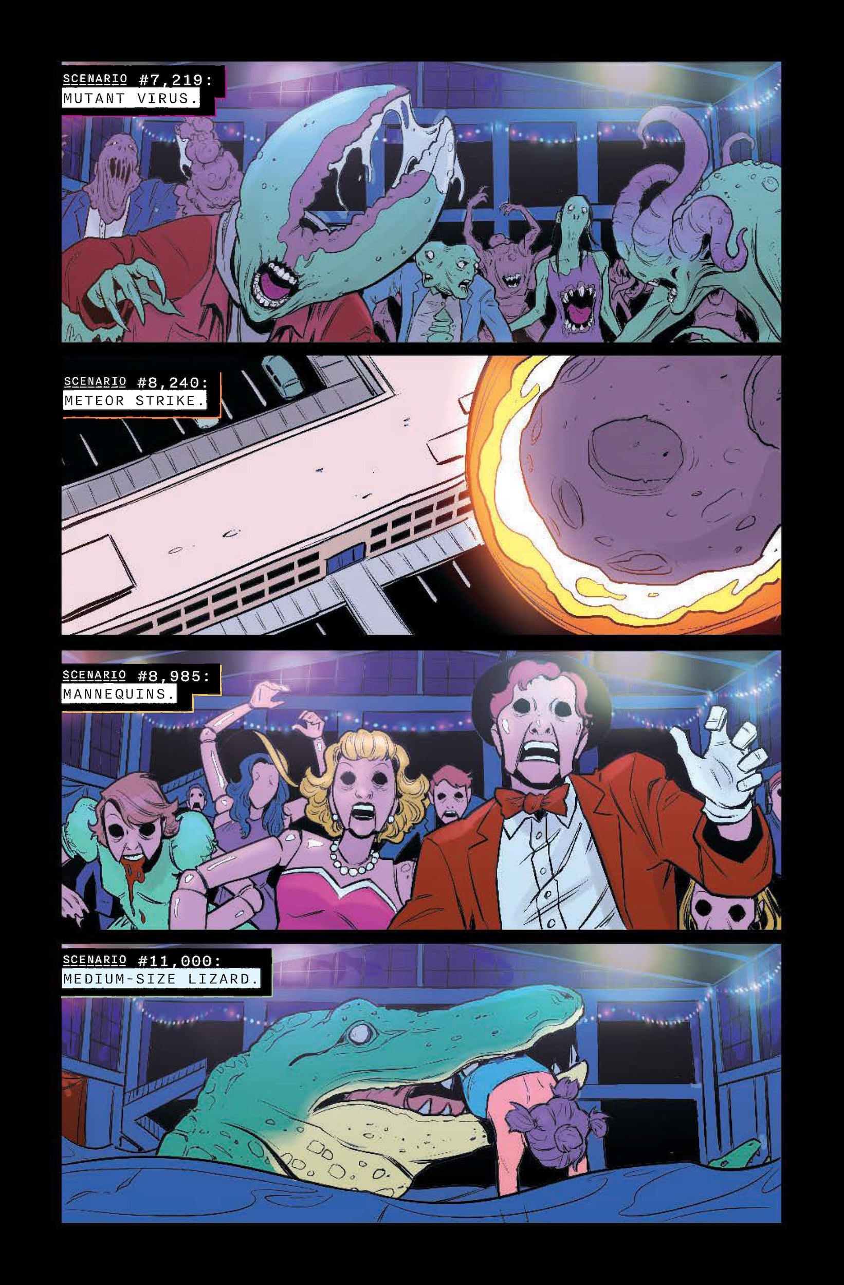 Four comic panels show various apocalyptic scenarios: mutant virus creatures, meteor striking a city, mannequins panicking, and a giant lizard attacking a theater audience.
