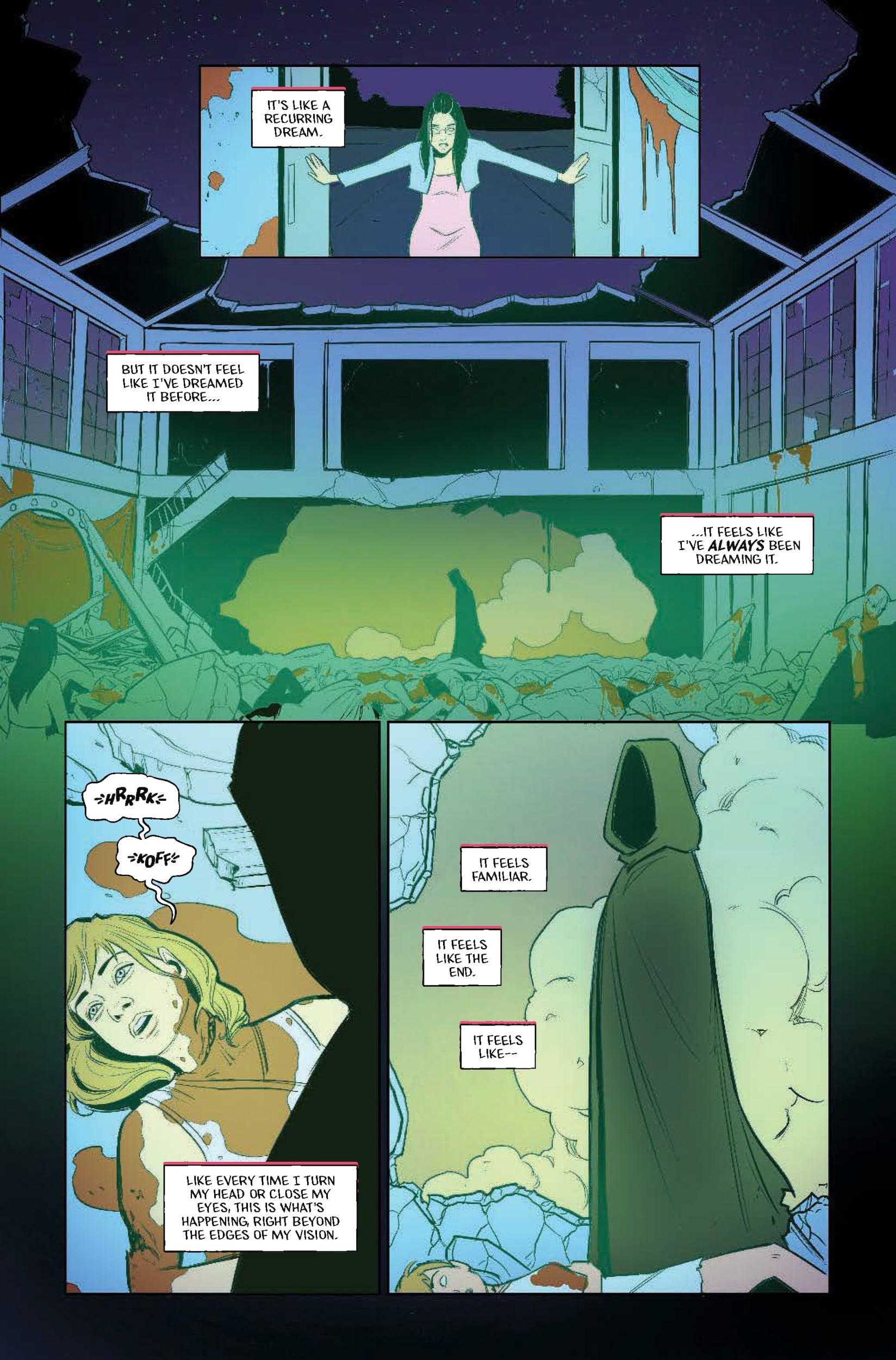 A woman stands in a ruined, smoky room, narrating her sense of déjà vu as she sees a hooded figure amid scattered debris and broken windows.