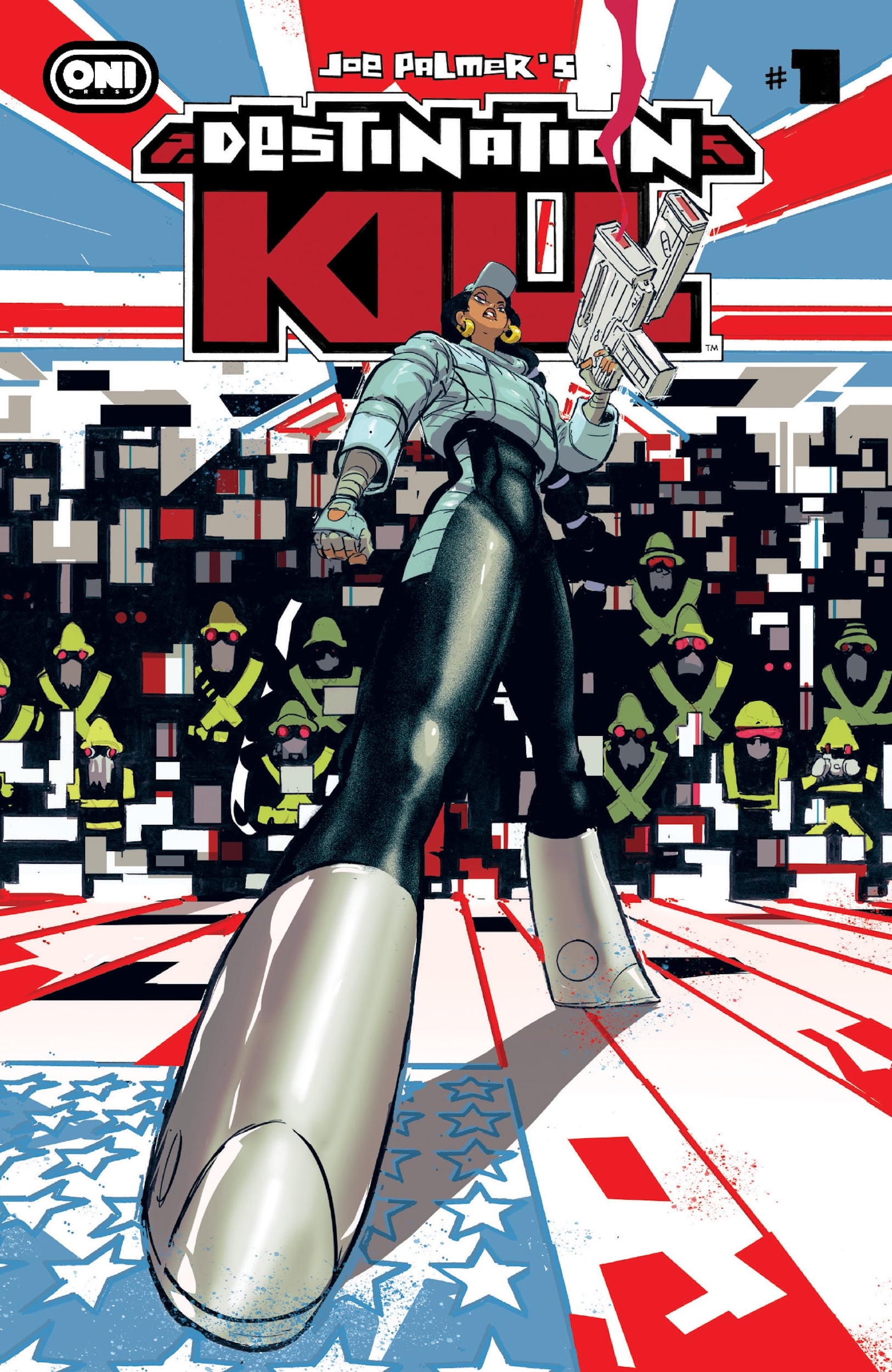 A woman in futuristic armor stands confidently with a large gun, backed by robot-like figures and a stylized red, white, and blue background. The comic is titled "Destination X.