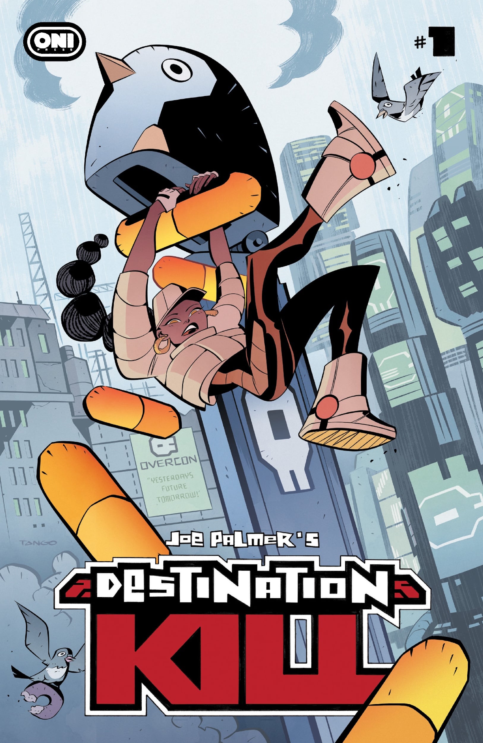 Comic book cover shows a person grabbing a giant bird’s beak while mid-air above a cityscape, with pigeons flying nearby and the title “Destination K.U.L.” at the bottom.