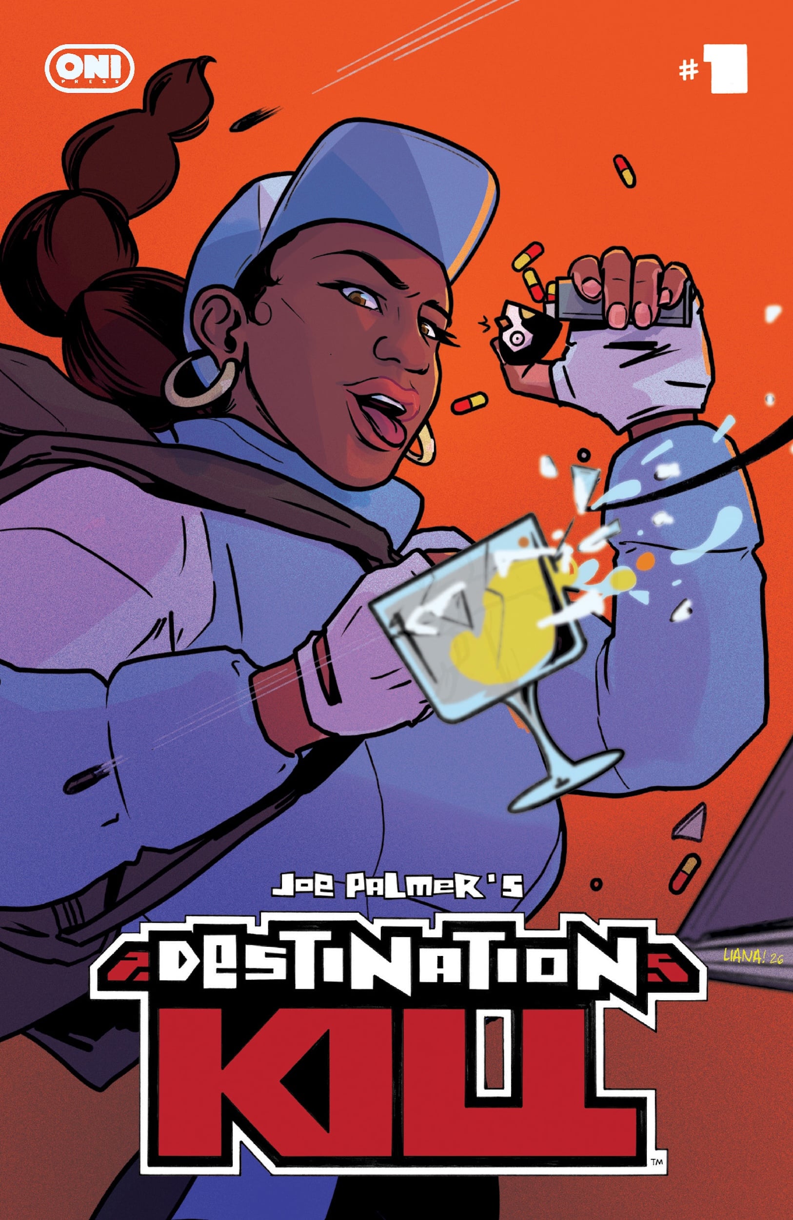 An animated woman in a blue jacket and cap shatters a martini glass with her fist on the cover of "Destination: KUL" comic issue #1, set against a bright orange background.