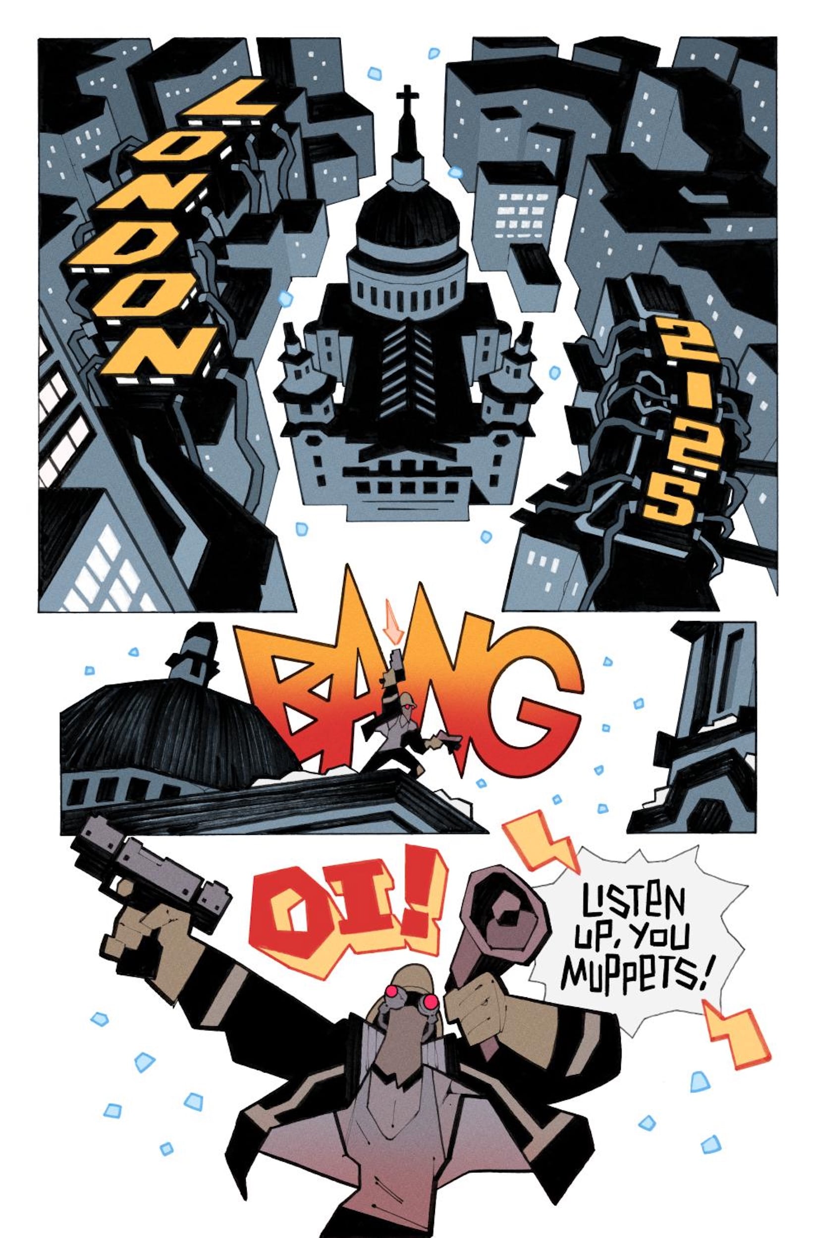 A comic panel shows a cityscape labeled "London 2055." A masked figure fires a gun, shouting, "Oi! Listen up, you muppets!" with a "BANG" sound effect.