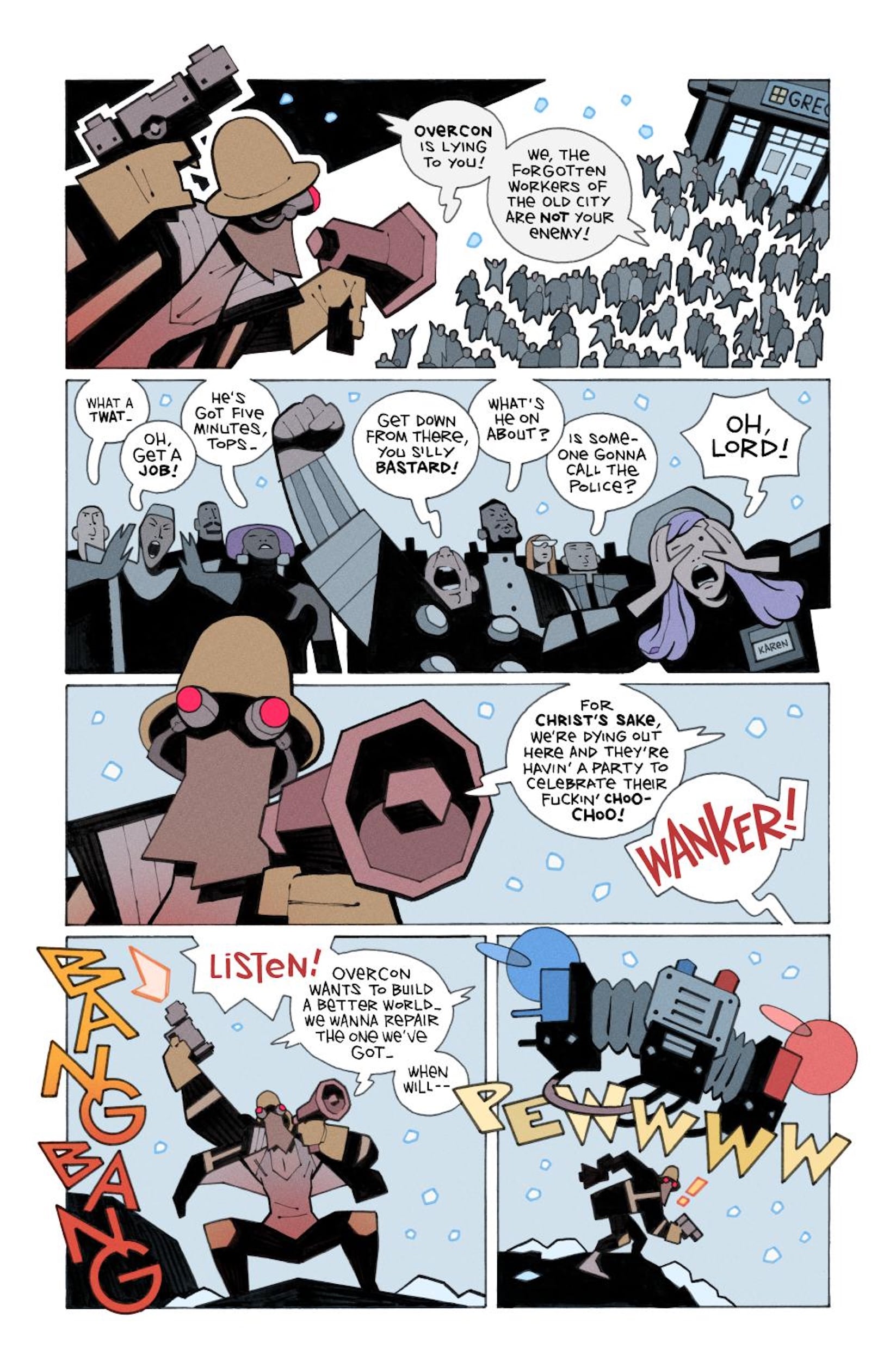 A comic page shows a confrontation between a soldier with a large gun and a shouting crowd, ending in gunfire and chaotic action sounds.