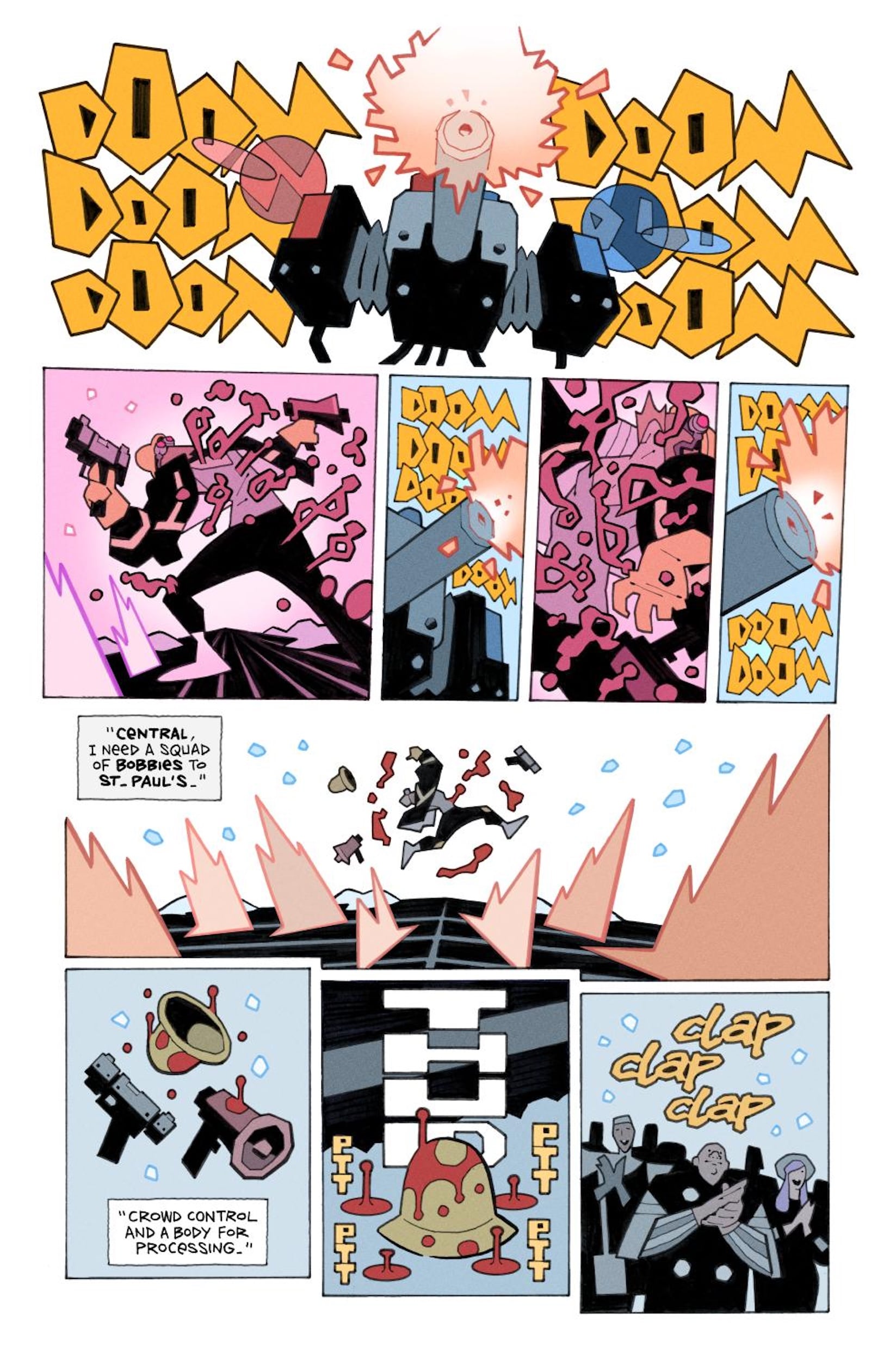 A comic page shows an armed figure firing guns, chaos erupting, objects flying, and an audience applauding as the scene shifts from action to a stage performance featuring a standing character.