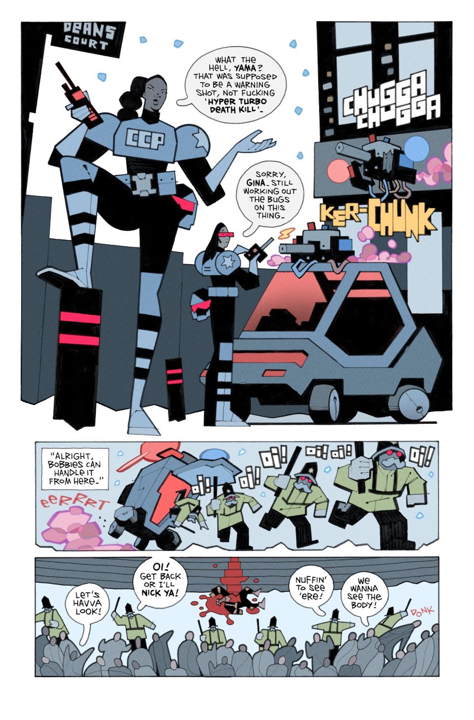 A tall officer speaks to another about a shoplifting incident as a police vehicle arrives; uniformed officers confront a crowd, and one officer apprehends a fleeing person.