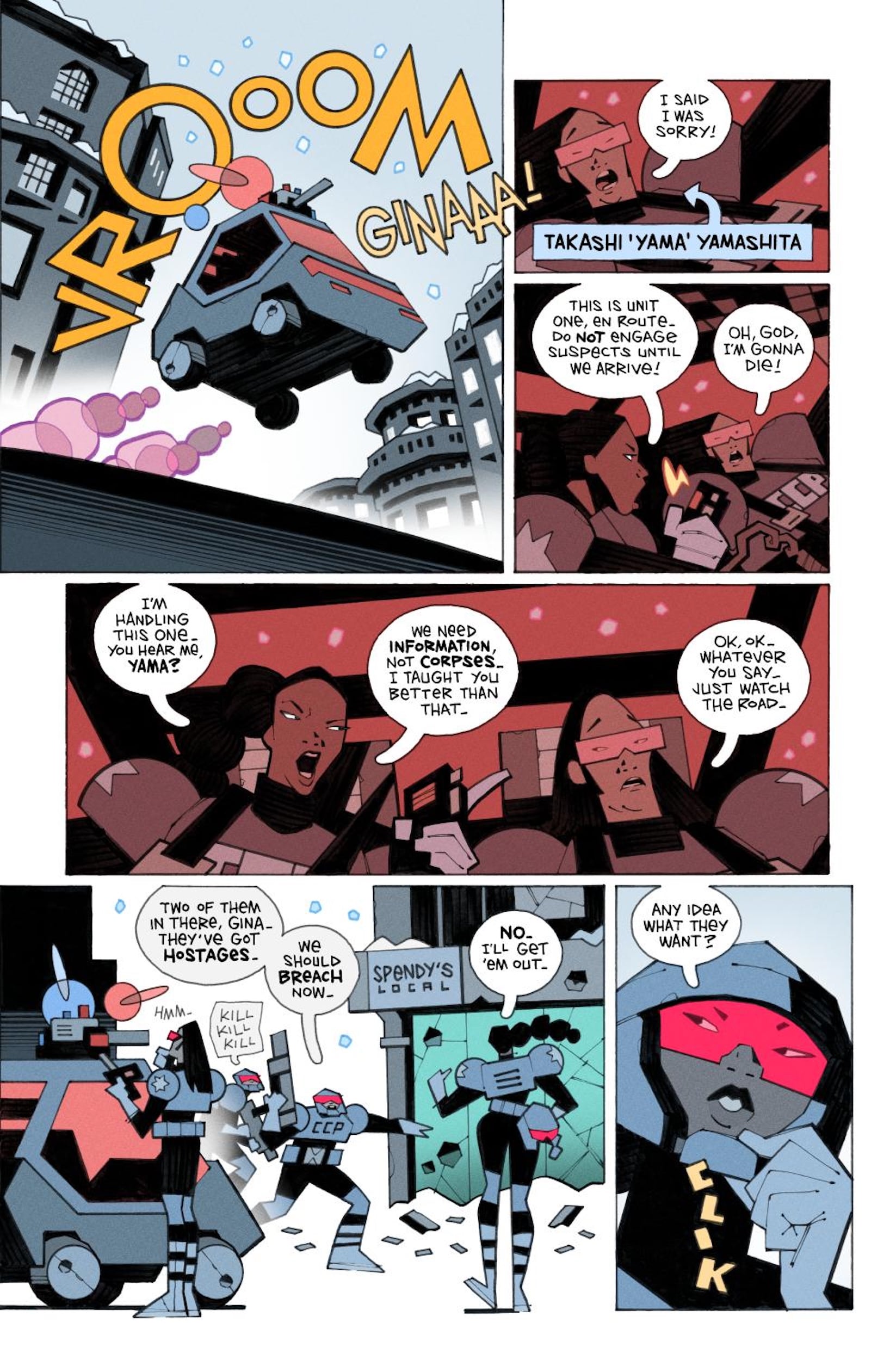 Comic book page showing a police chase; an officer named Yama drives, another officer communicates with HQ, and a robotic police unit prepares to confront a suspect.