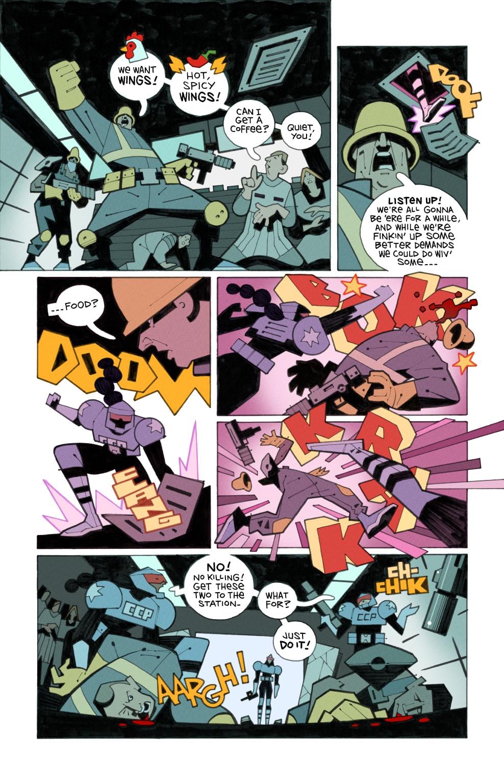 Comic panel showing armored guards confronting prisoners who demand wings and food, followed by a chaotic fight scene with loud sound effects and one guard being subdued.