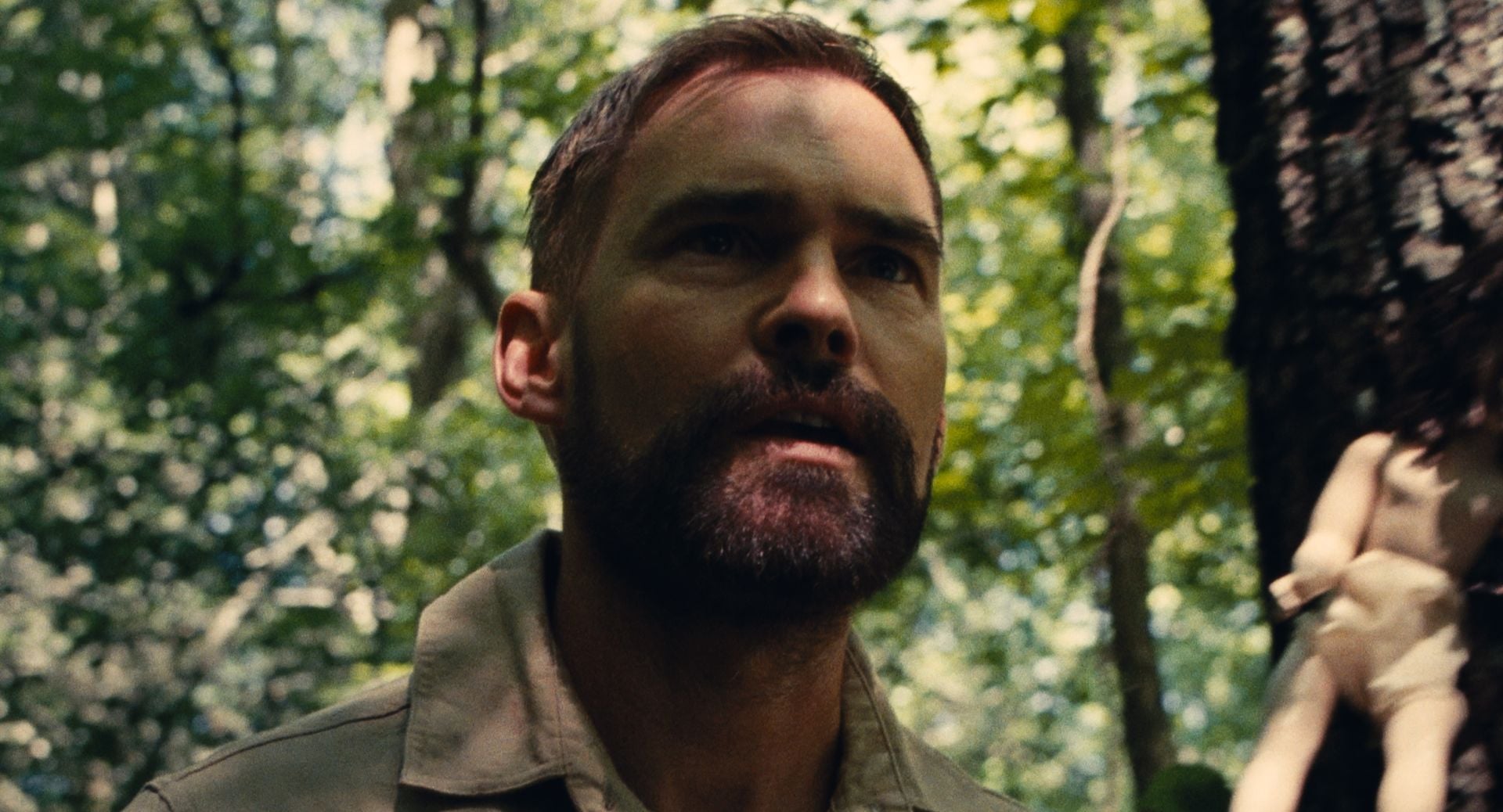 A man with a beard and short hair stands outdoors in a forest, looking intently ahead; sunlight filters through the trees in the background.