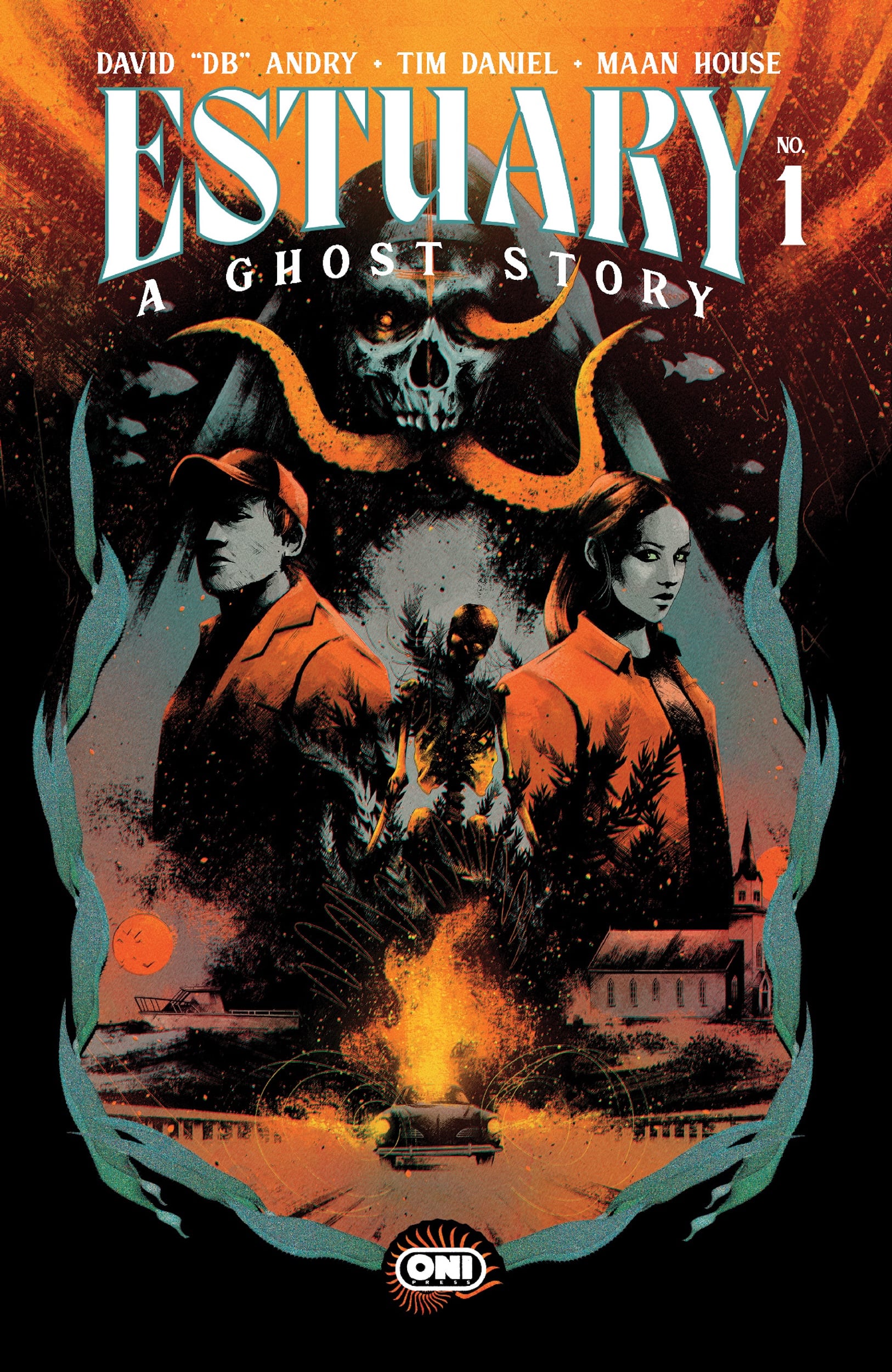 Comic book cover for "Estuary: A Ghost Story No. 1" featuring two people, a skull, swirling smoke, a campfire, and a distant church under a dark, dramatic sky.