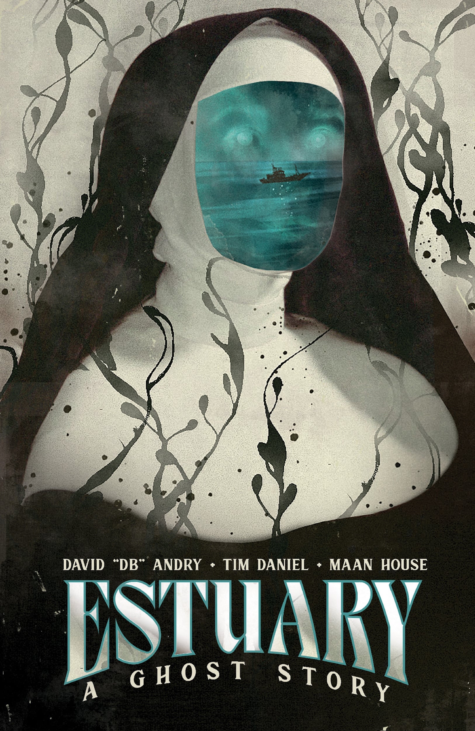 A nun with a face replaced by an eerie sea scene with a boat; the title "Estuary: A Ghost Story" and creators' names appear at the bottom.