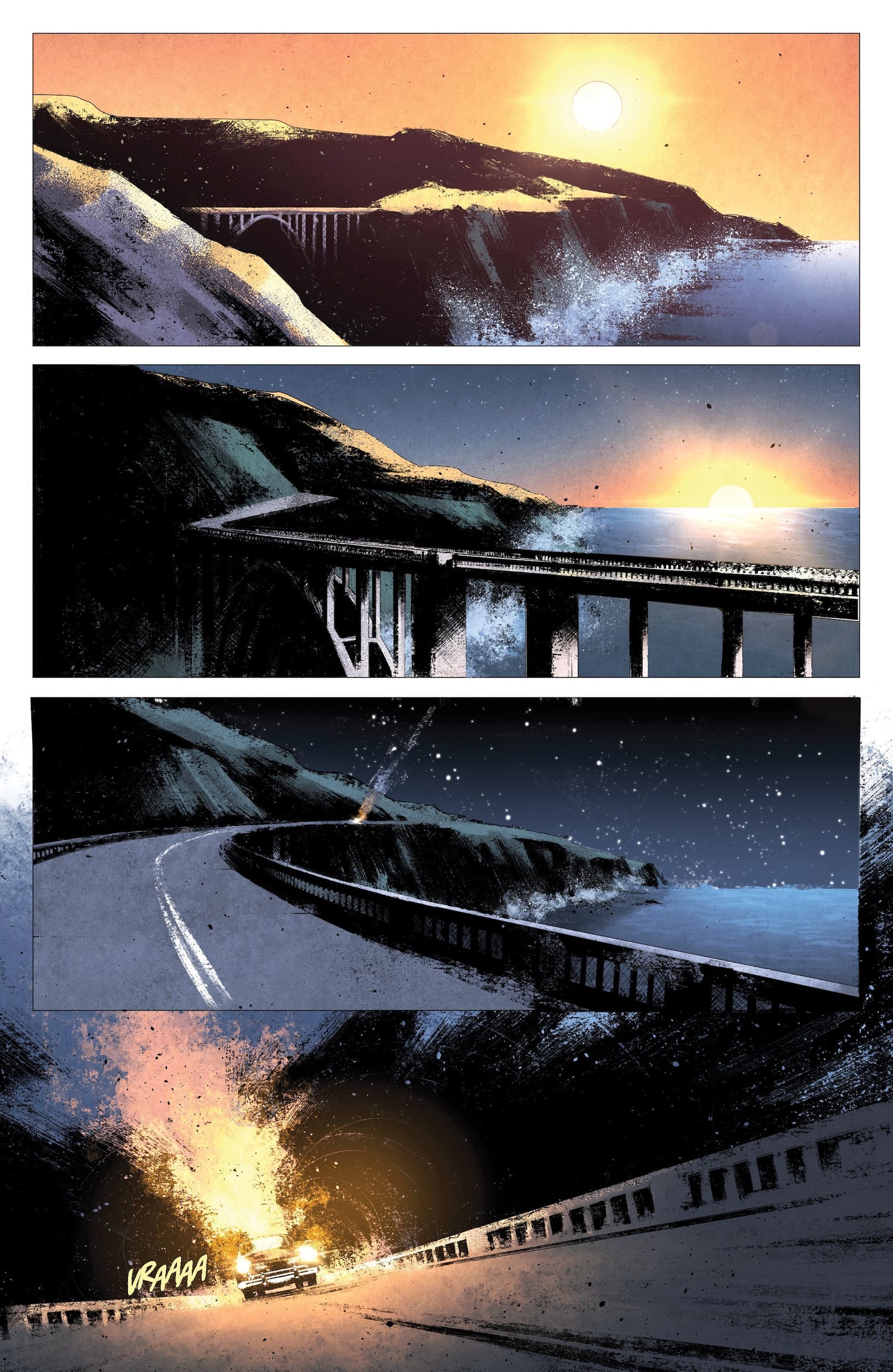 A series of comic panels shows a coastal highway at sunset, dusk, and night; in the final panel, a car speeds around a curve as flames erupt nearby.