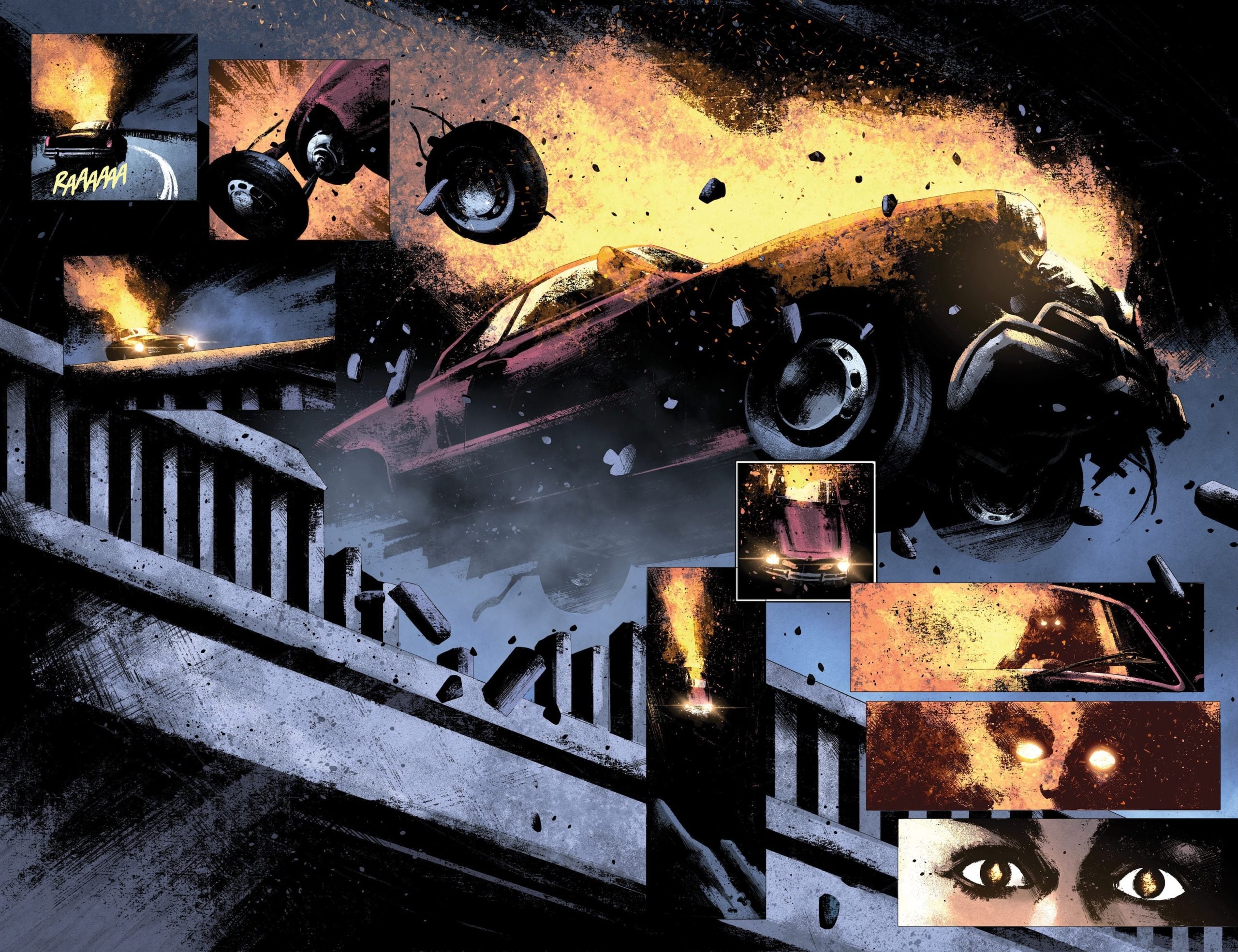 A red car crashes and flips over a bridge, exploding in flames as debris flies; close-up panels show parts of the crash and a person's wide eyes.