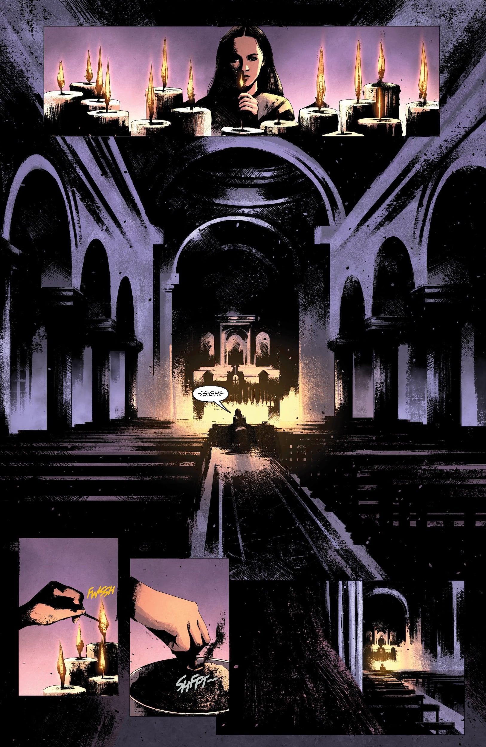 A woman lights candles at the front of a dimly lit church, then extinguishes one candle in close-up panels.