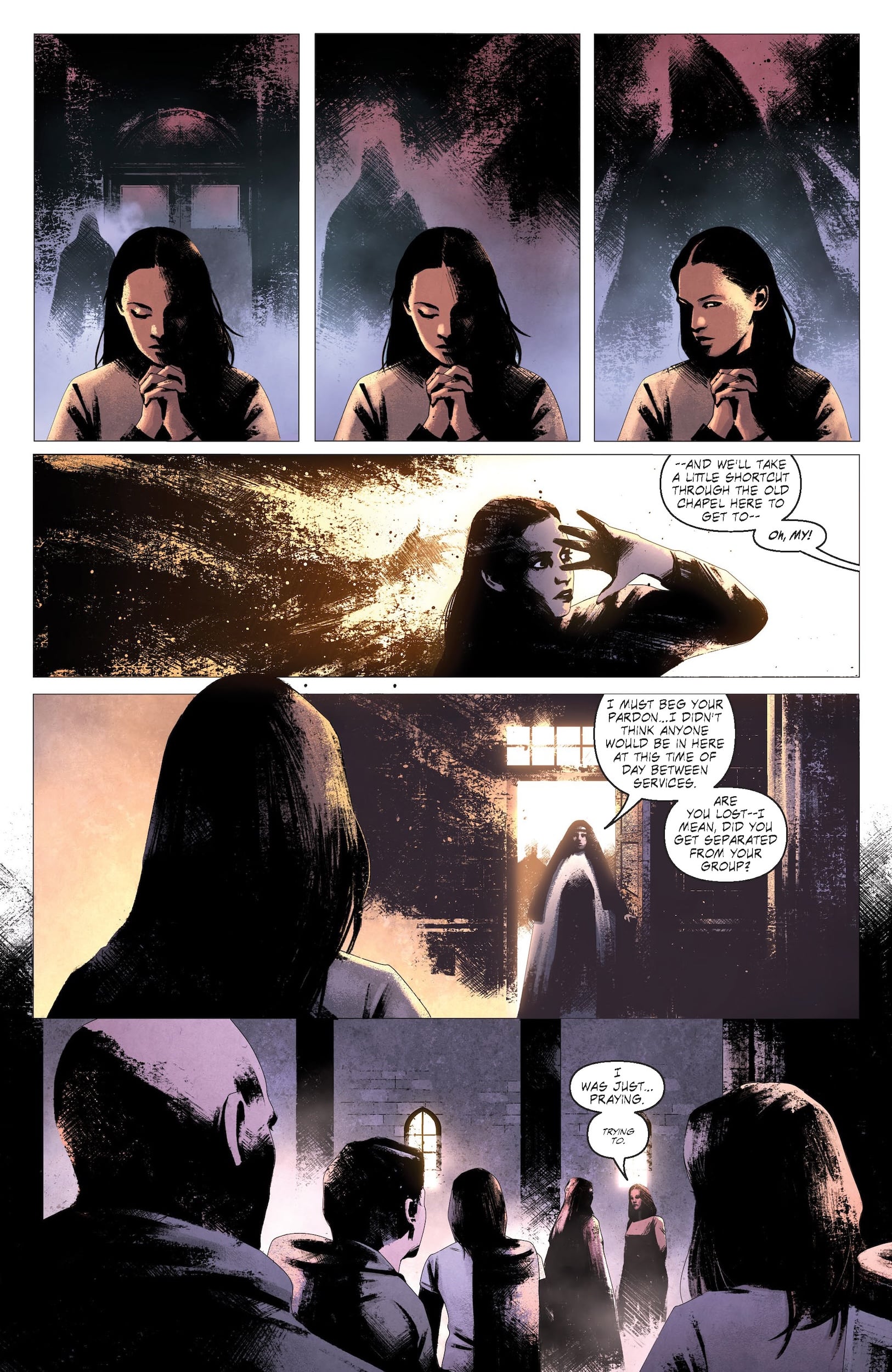 A woman prays, then gestures toward a glowing figure in a dark cloak. Three people watch as the figure stands in a large, dimly lit room with tall windows.