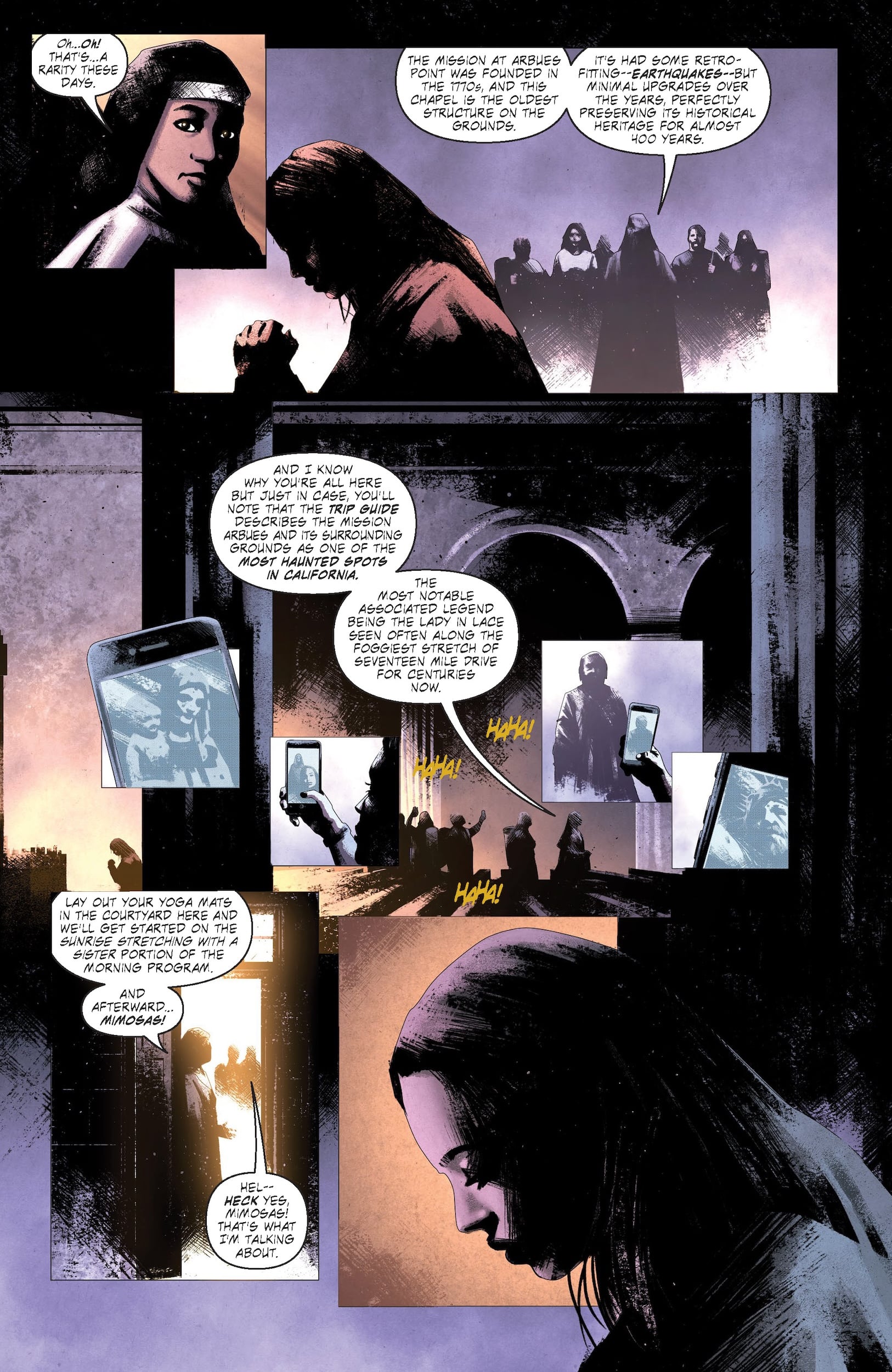 A woman in a dark room talks with another woman, surrounded by shadowy figures and lit phone screens showing faces; the scene has a somber, mysterious atmosphere.