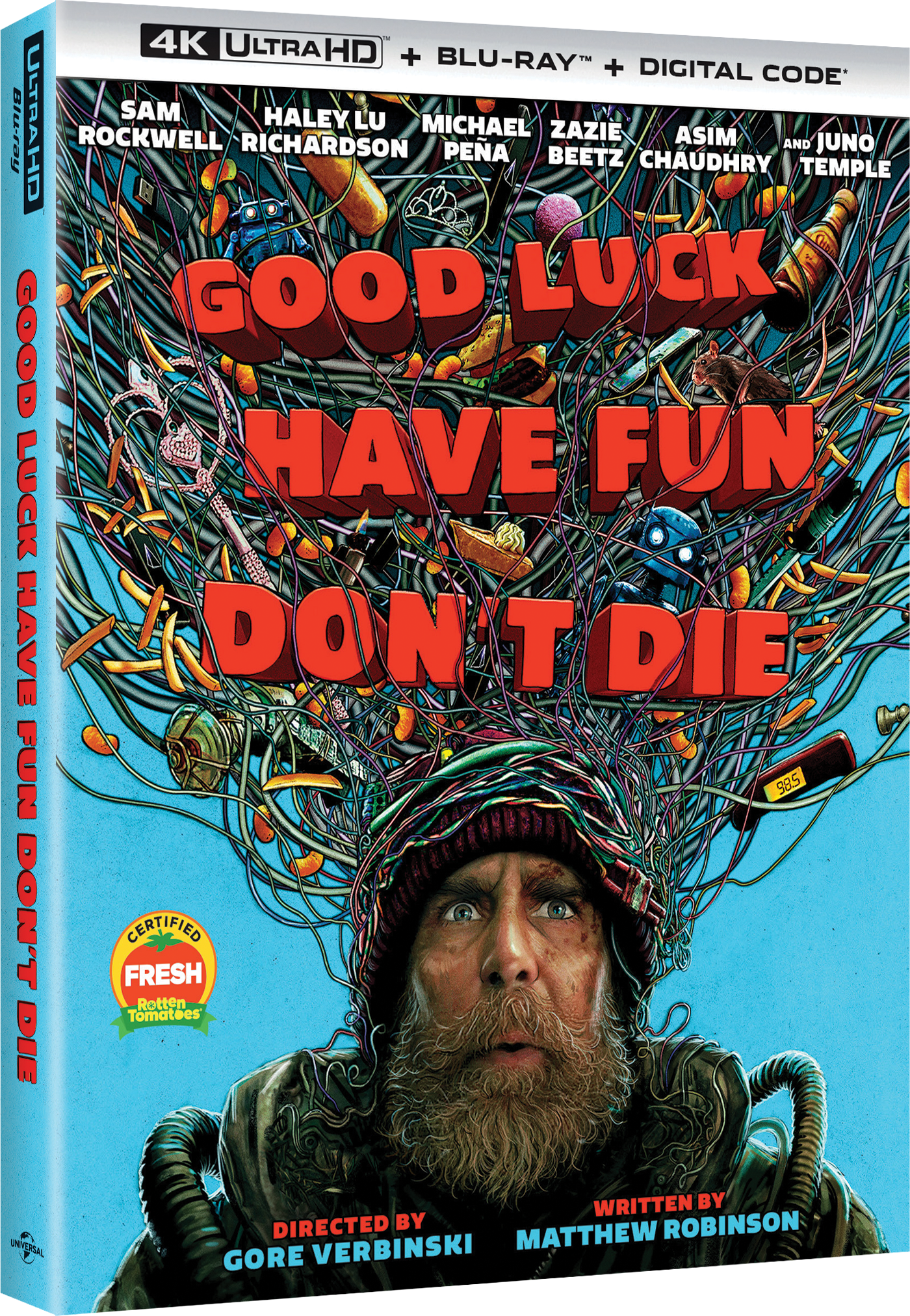 A bearded man wearing fur-lined clothing is surrounded by colorful, tangled wires connecting to his head; the text reads, "Good Luck Have Fun Don't Die.