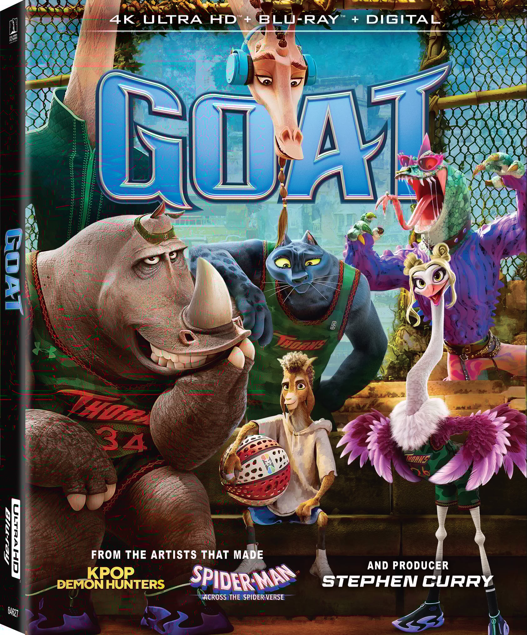 Animated movie cover featuring various animals in basketball uniforms on a court, with the title "GOAT" and credits to Stephen Curry and other artists.