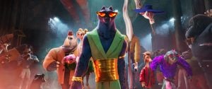 A group of anthropomorphic animals in colorful outfits stand together in a dimly lit, industrial hallway, with a black panther in sunglasses at the center.