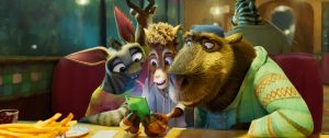 Three animated animal characters sit at a diner booth, looking at a smartphone together; a plate of fries is on the table.