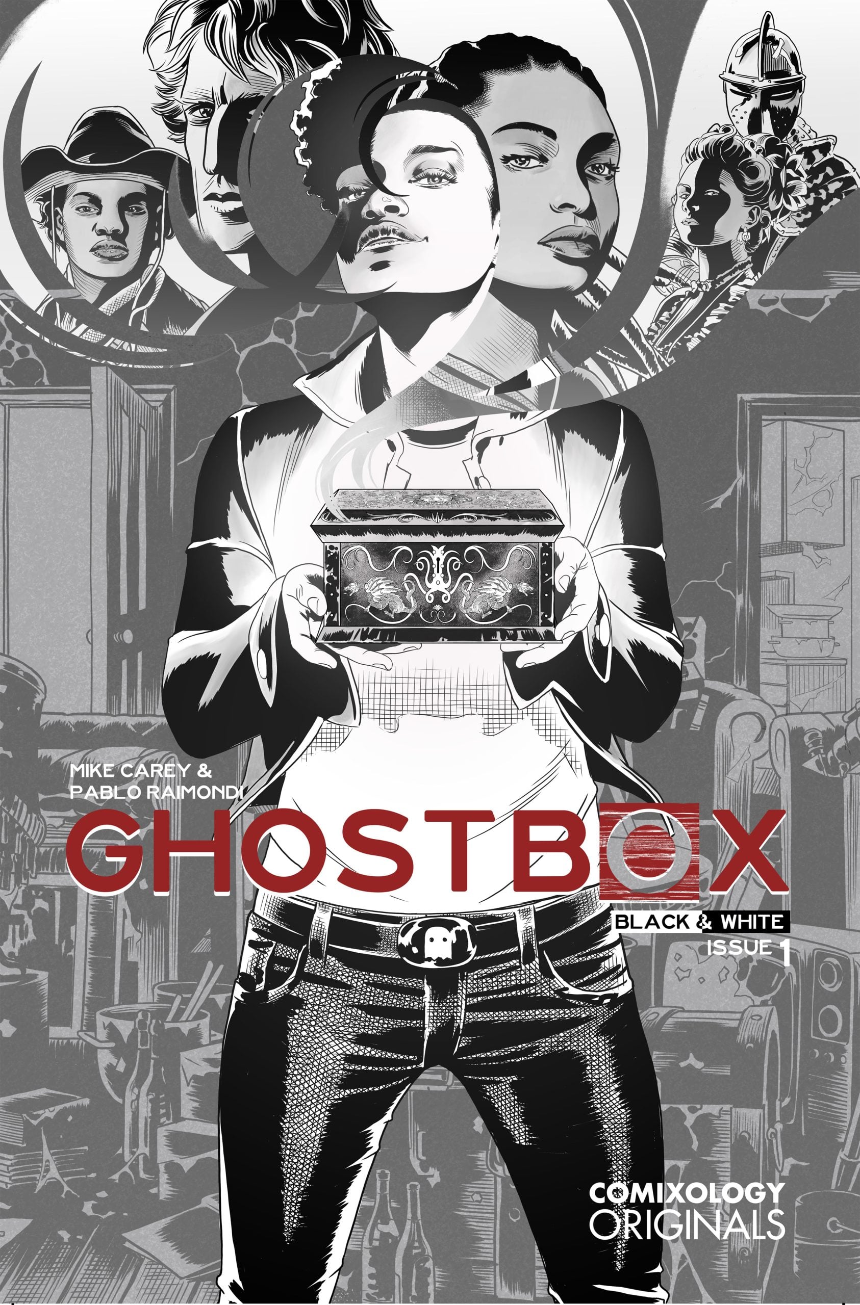 A woman holding an ornate box stands in the foreground, with various people and objects illustrated in black and white behind her. Text reads "GHOSTBOX" and "ComiXology Originals.