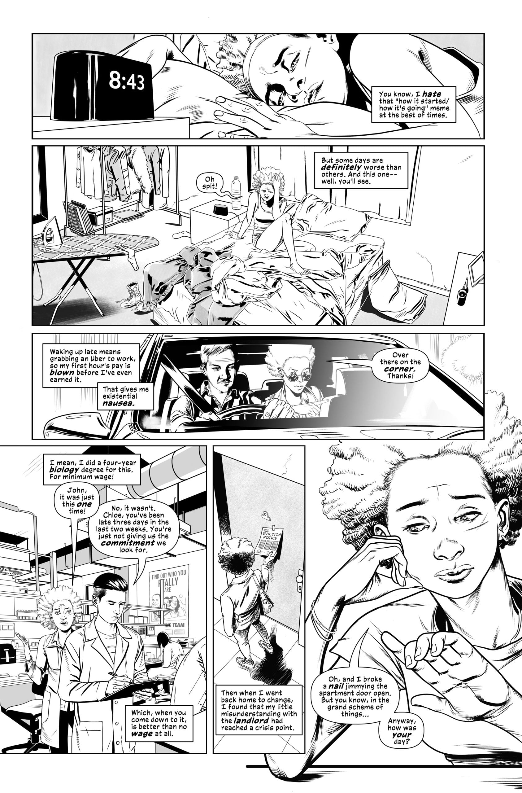 A woman wakes up in her bedroom at 8:43, talks to a man, and later discusses her job at a radio station while walking and speaking on the phone.