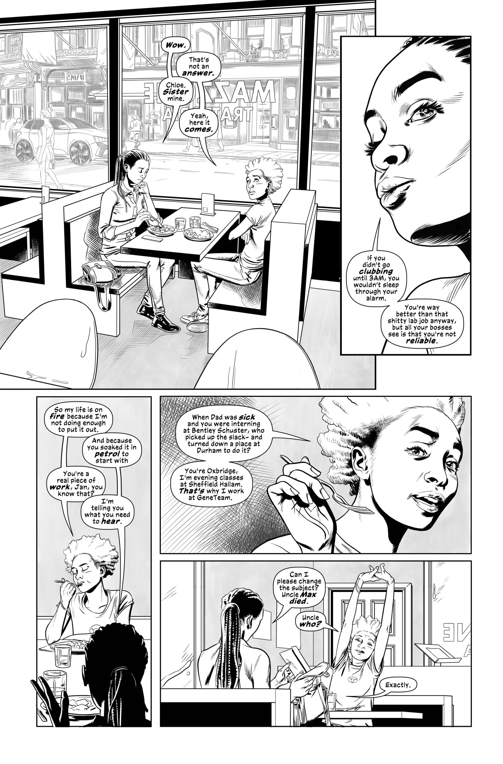 Two people sit at a café booth having a conversation, with close-up panels showing their expressions and gestures; a street scene is visible through the window behind them.