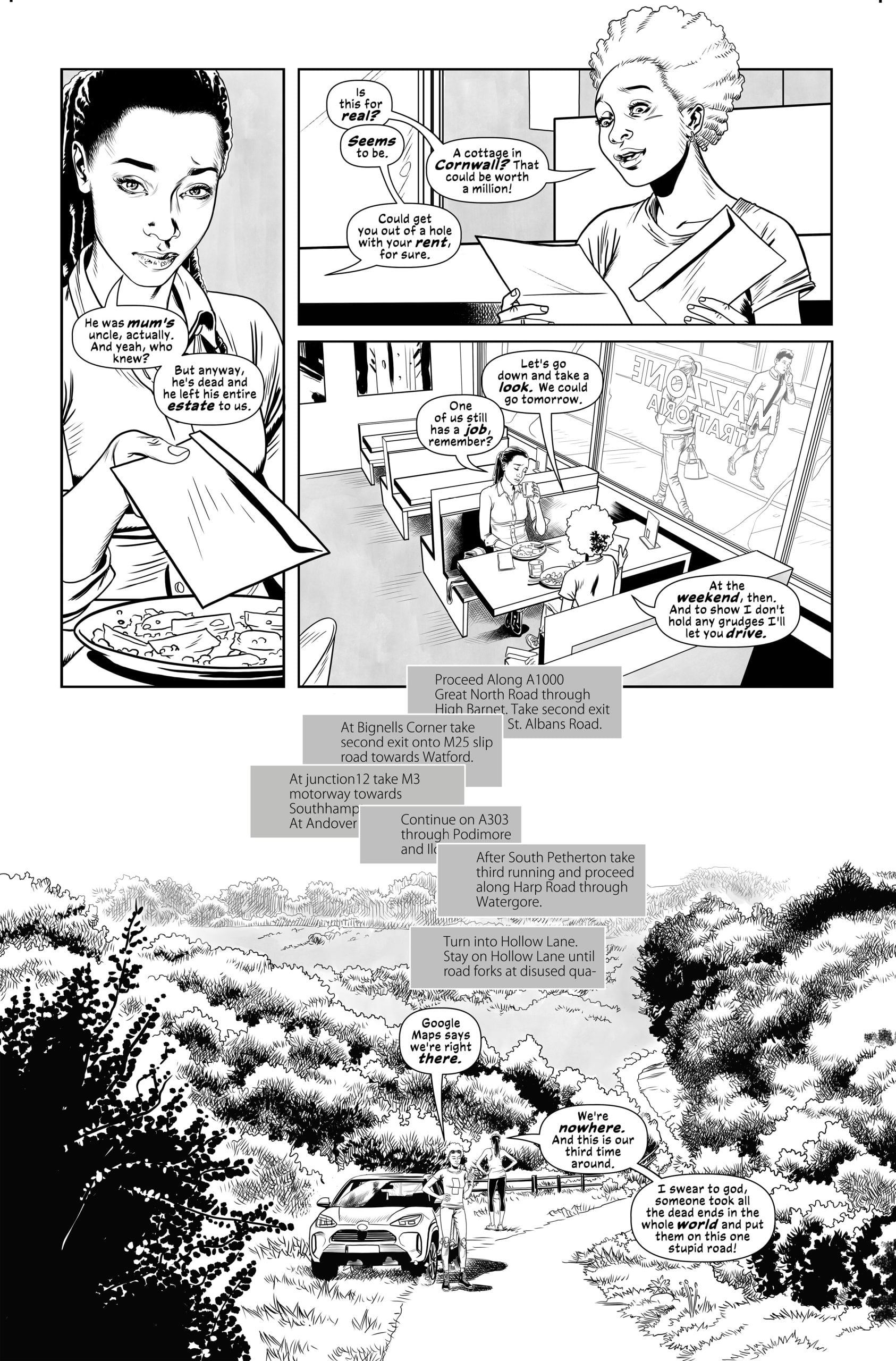 Black and white comic page showing two women discussing lunch and travel directions in a cafe, then transitioning to a countryside scene with a car and the women referencing a map.