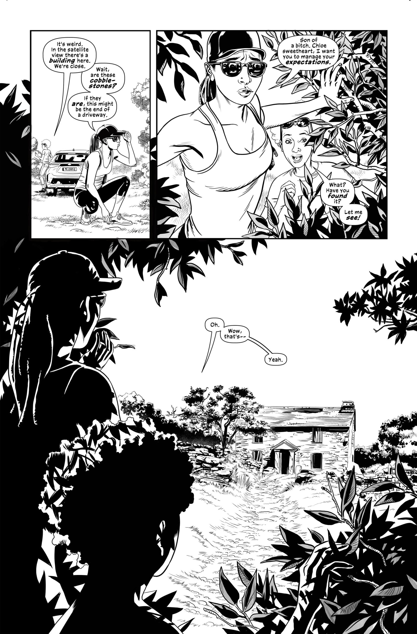 Two people hide in bushes, watching an old, abandoned house in the distance; one wears a cap and sunglasses, the other crouches beside them.