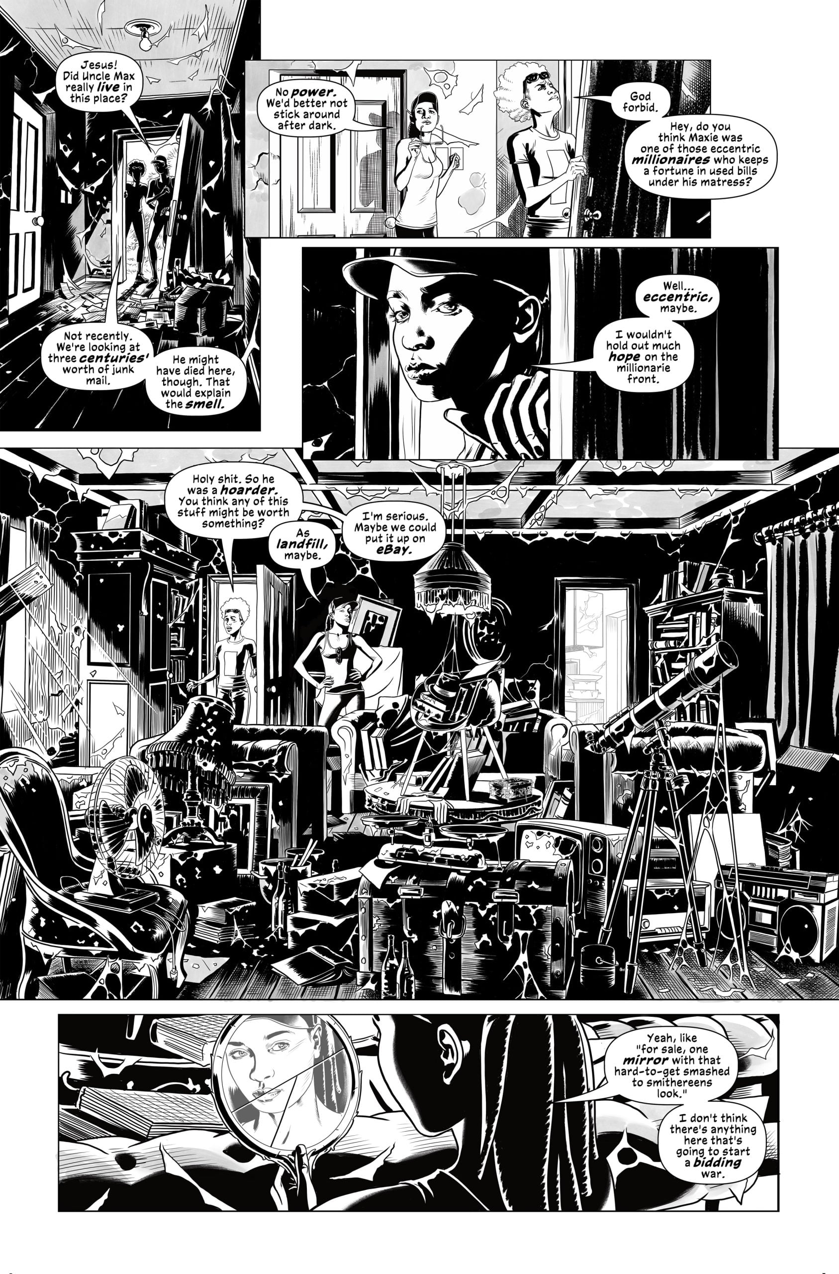 A black-and-white comic page depicts two people entering and conversing in a cluttered, dimly lit room filled with electronic equipment, boxes, and various objects.