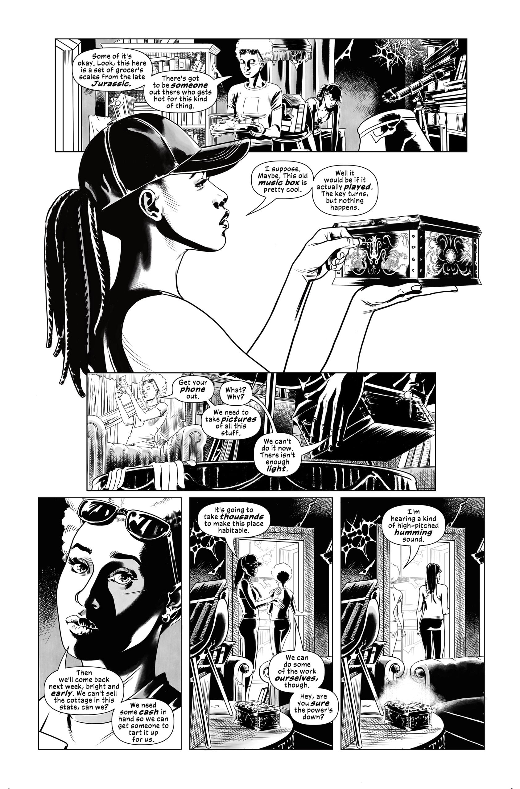 A woman in a cap and tank top examines an ornate box while speaking with another woman in a lab; the lab is filled with artifacts and scientific equipment.