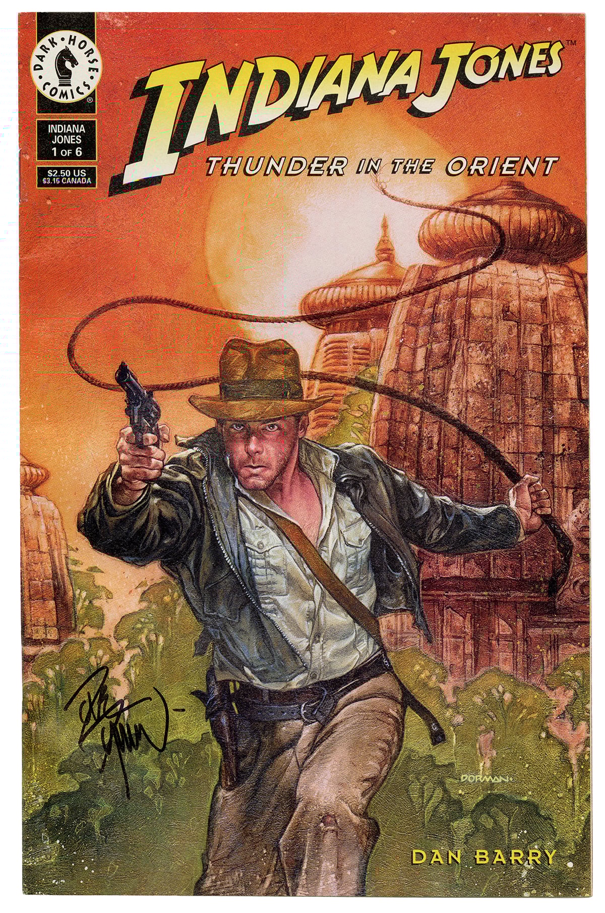 Comic book cover showing Indiana Jones running with a whip and gun in front of ancient temple structures, under the title "Indiana Jones: Thunder in the Orient" by Dan Barry.