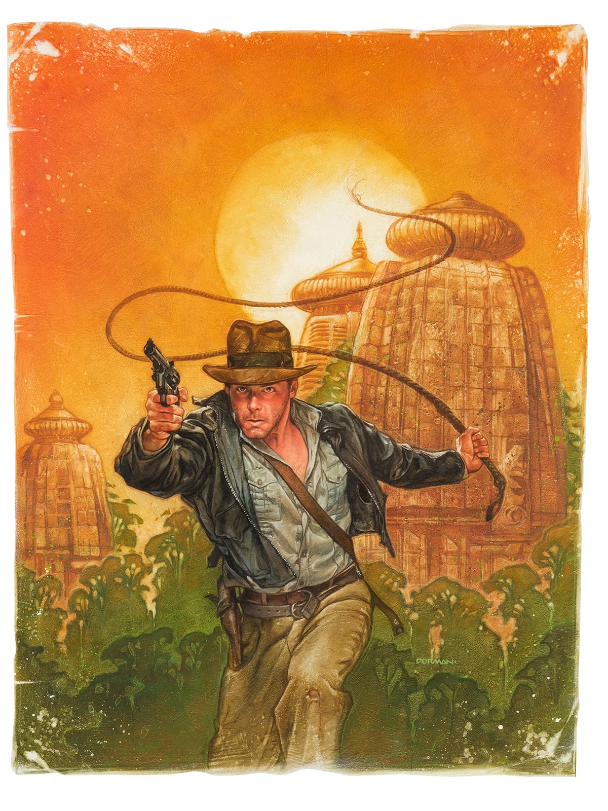A man in a hat and leather jacket runs forward holding a pistol and a whip, with ancient domed buildings and an orange sky with a large sun in the background.