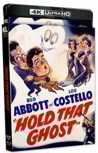 Blu-ray cover of "Hold That Ghost" showing illustrated characters fleeing from a large, cartoonish ghost, with film title and actors' names prominently displayed.
