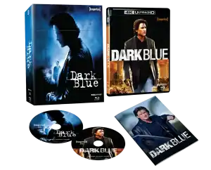 A 4K Ultra HD and Blu-ray set of the movie "Dark Blue," featuring two discs, a slipcover, and a booklet with an image of the main character on the cover.