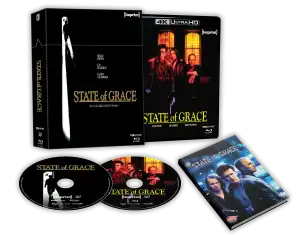 A State of Grace 4K Ultra HD and Blu-ray box set with cover art, two discs, a slipcover, and a booklet featuring actors from the film.