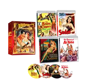 A DVD box set titled "Tales of Adventure Collection" features four classic film covers and four corresponding DVDs with colorful vintage artwork.