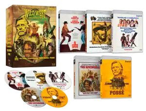 A Wild West film collection box set with DVD and Blu-ray discs and cases for 5 Card Stud, The Revengers, and Posse, featuring illustrated western-themed covers.