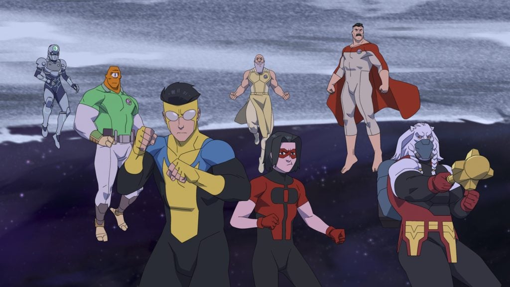 Seven animated superheroes in colorful costumes stand or float in a dramatic formation against a dark, cosmic background, ready for action.