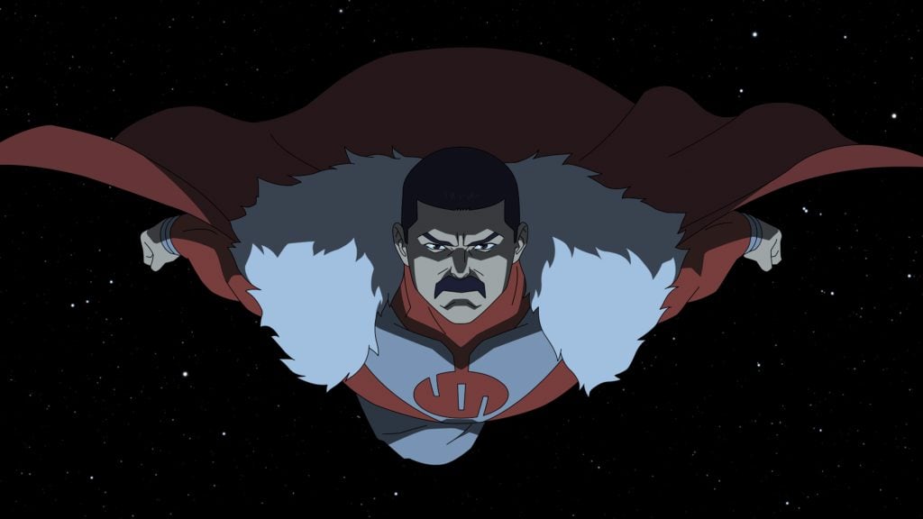 Animated superhero with a red cape and white fur collar flying in space, viewed from above with a serious expression.