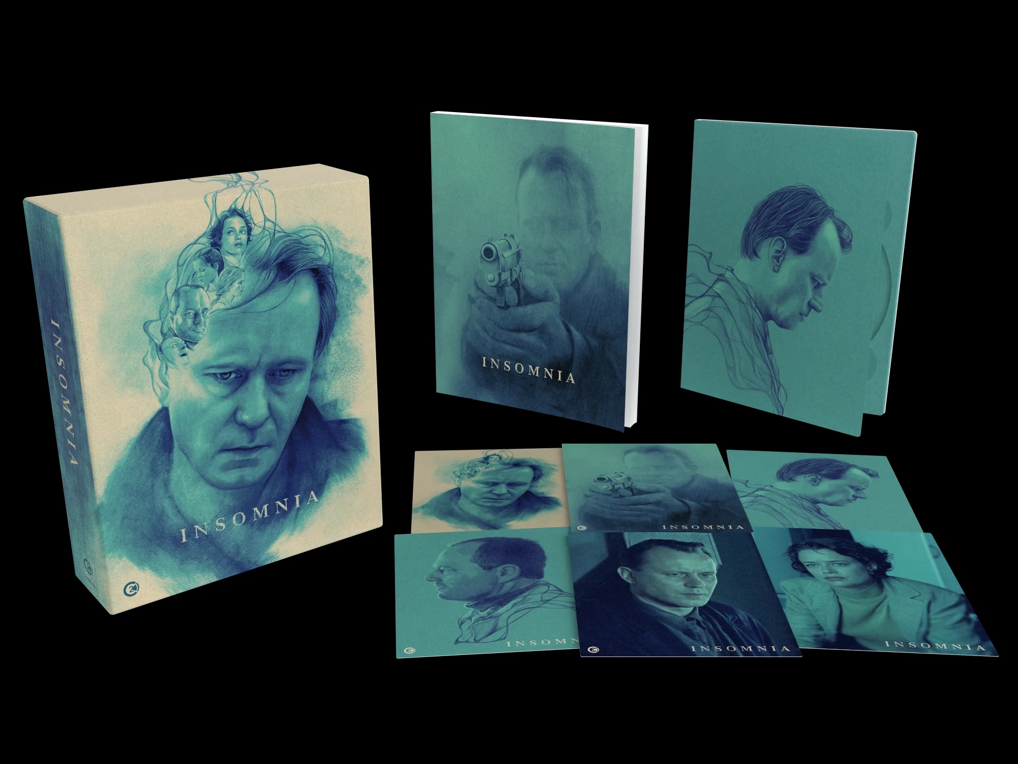 Box set of the film "Insomnia" featuring illustrated packaging, a booklet, and several character art cards, all in blue-green tones.