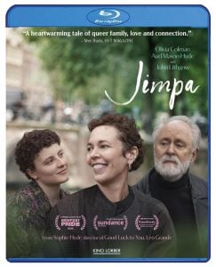 Blu-ray cover for the film "Jimpa" featuring Olivia Colman, Aud Mason-Hyde, and John Lithgow standing together, with film festival accolades and a quote about queer family.