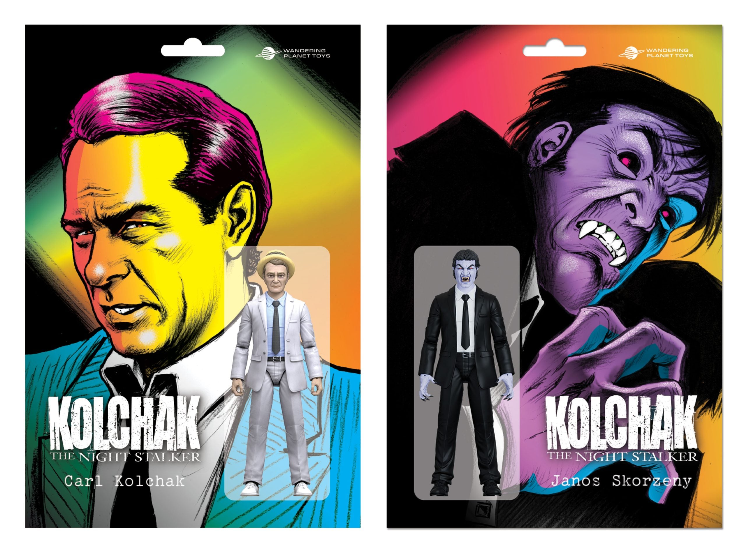 Side-by-side action figure packaging for Kolchak: The Night Stalker featuring Carl Kolchak on the left and Janos Skorzeny on the right, with illustrated portraits and their figures.
