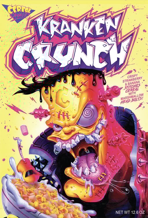 Colorful cereal box labeled "Kranken Crunch" shows a cartoon monster eating cereal, with bright colors and bold text describing the strawberry, banana, and marshmallow flavor.