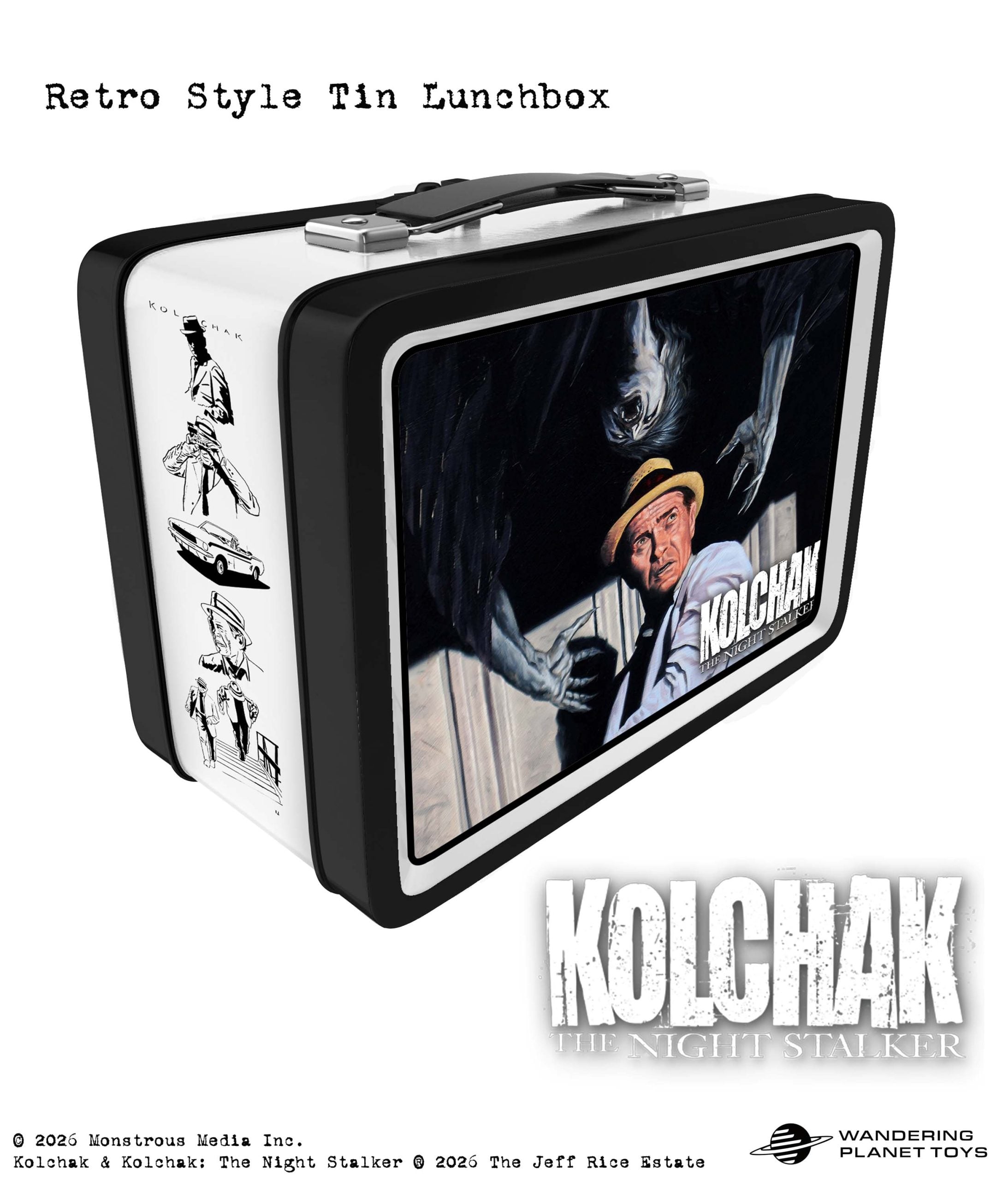 Rectangular tin lunchbox featuring "Kolchak: The Night Stalker" artwork, with images of the main character and a supernatural creature, styled in a retro design.