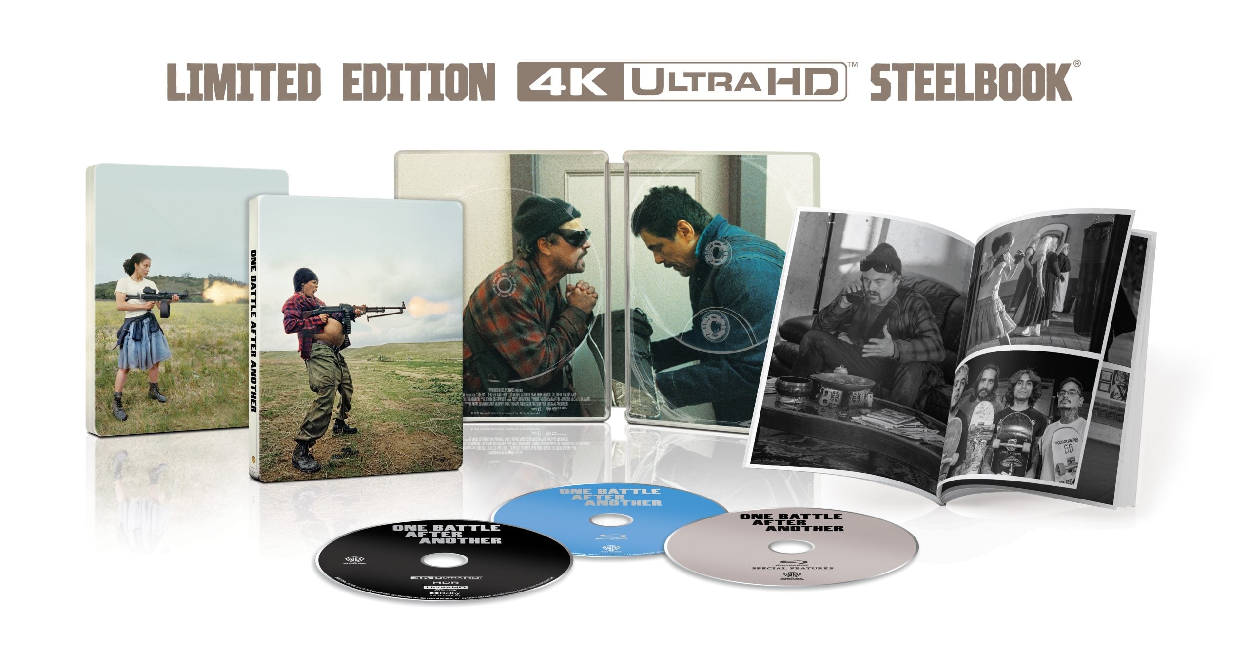 Limited edition 4K Ultra HD steelbook set includes a steelbook case, discs, open booklet, and images of scenes from the film "One Battle After Another.