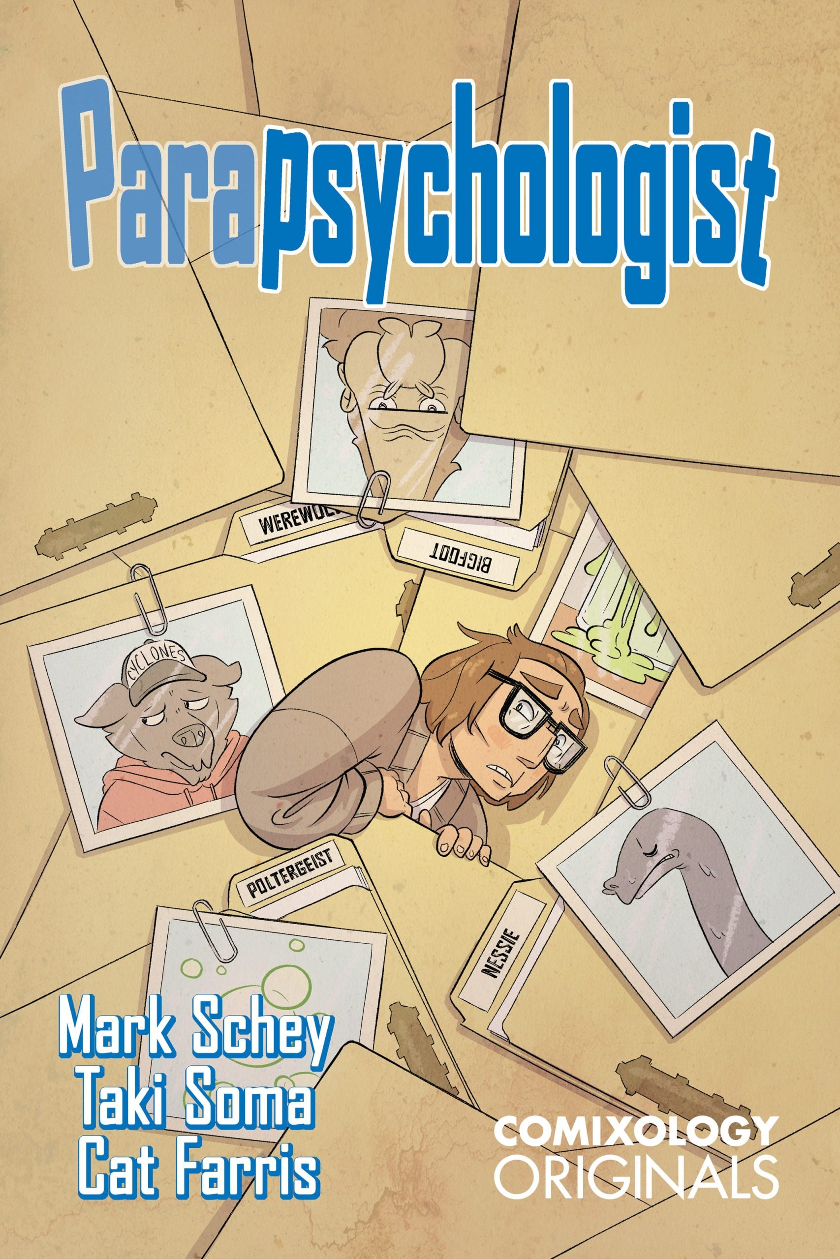 A cartoon woman is surrounded by large manila envelopes and labeled photos of mythical creatures, including a werewolf, poltergeist, and Nessie. The title "Parapsychologist" appears above her.