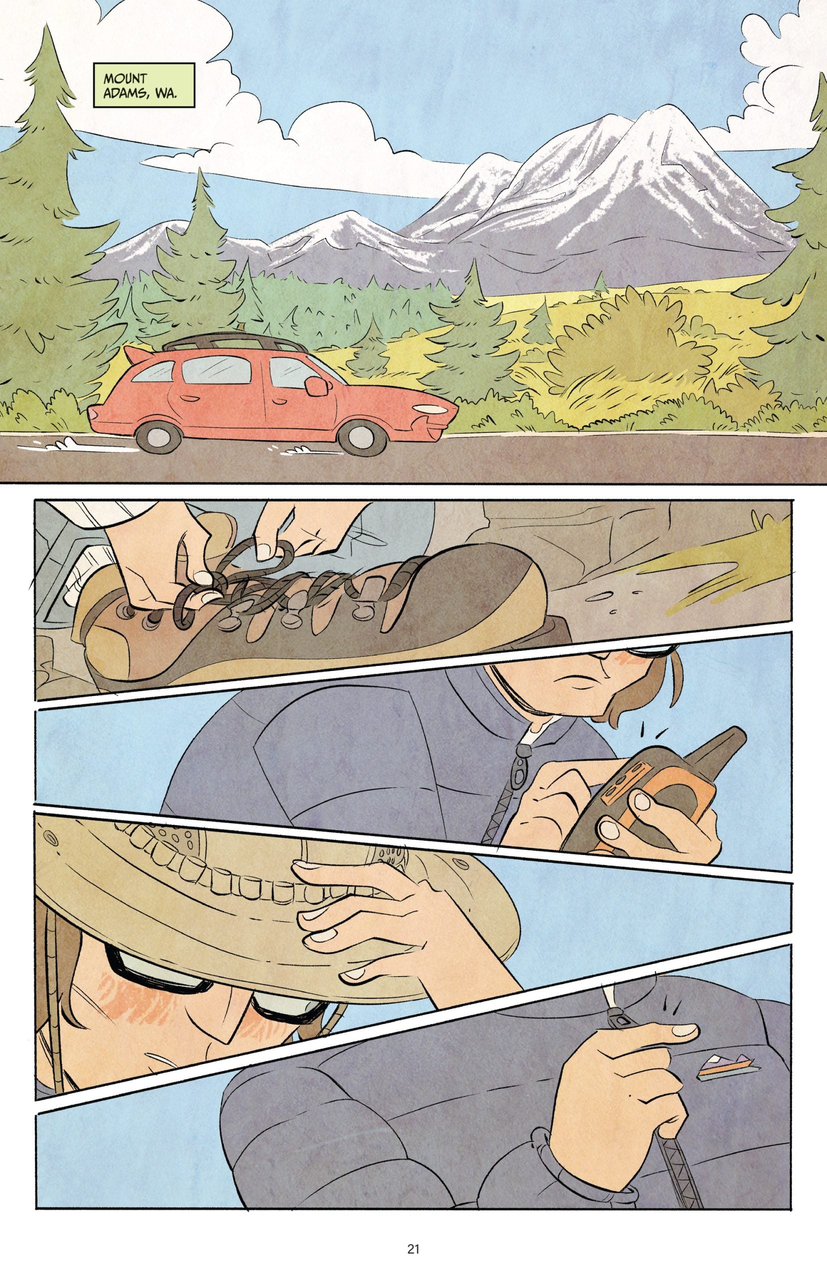 A red car is parked near Mount Adams, WA. A person ties hiking boots, puts on a hat and sunglasses, and zips up a jacket, preparing for an outdoor activity.