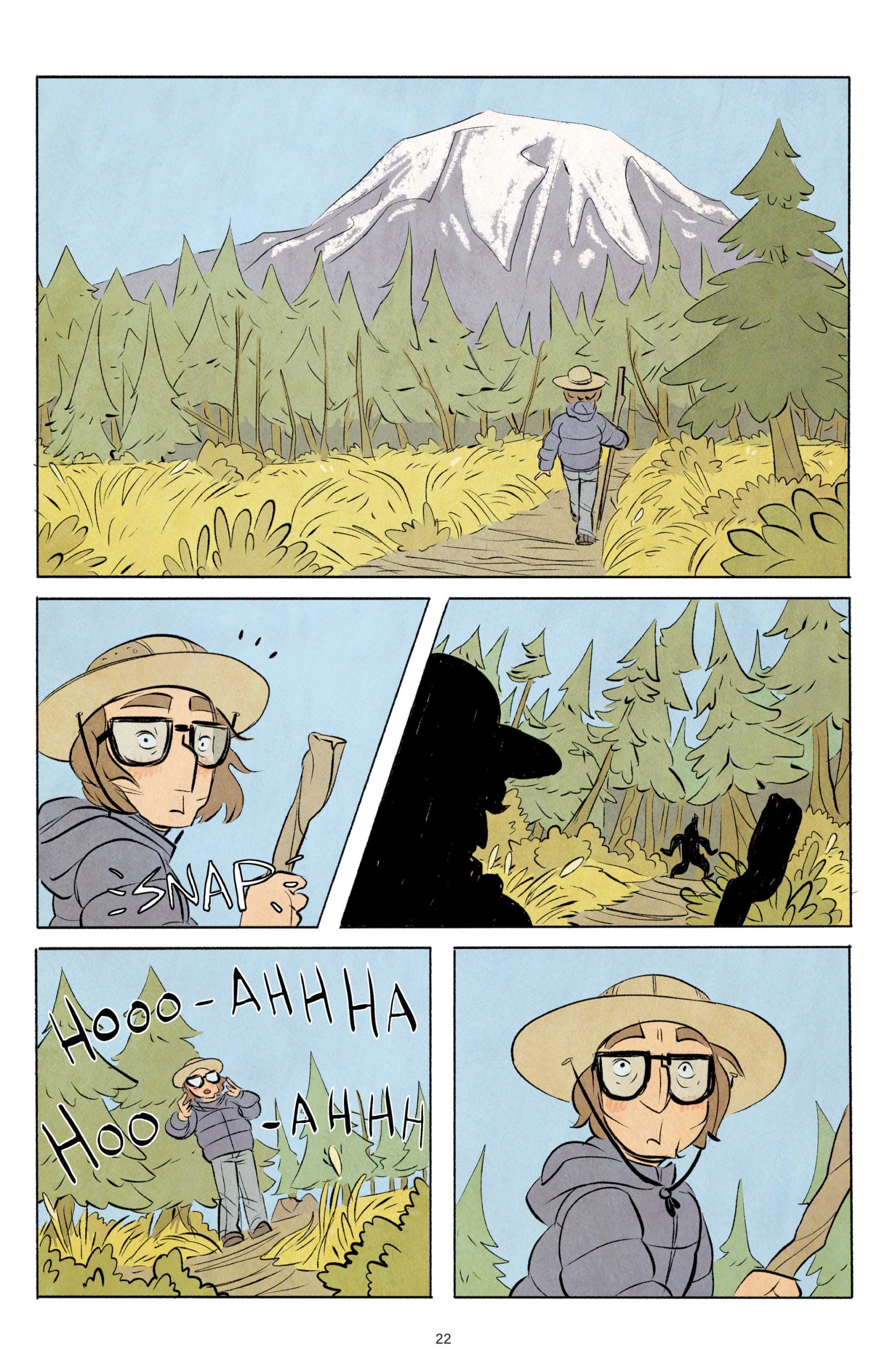 A person wearing glasses and a hat hikes on a forest trail near a mountain, startled by a snapping noise and the silhouette of another figure.