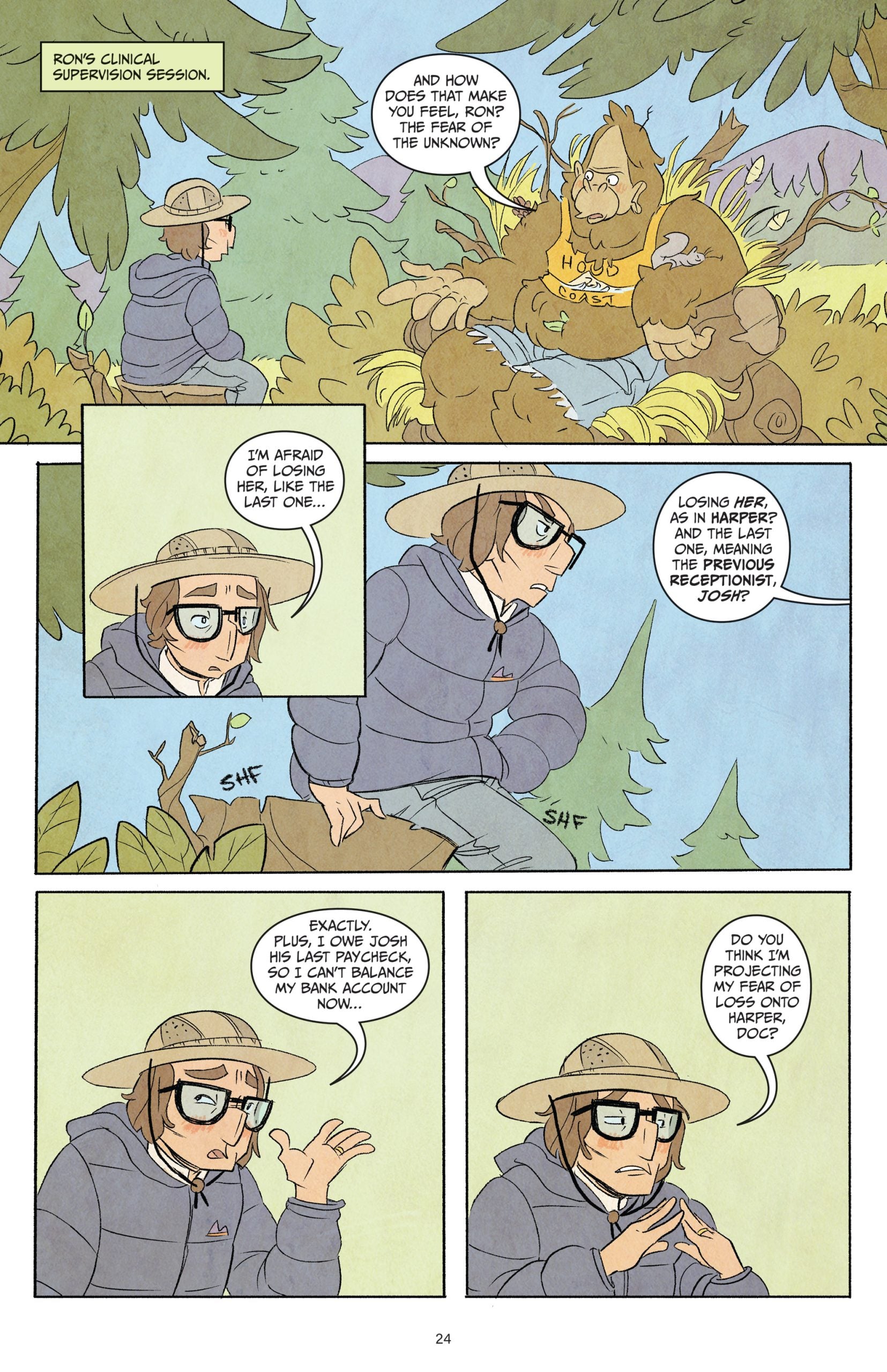 A person in ranger attire talks to a bear wearing a "HUGS" shirt, expressing anxiety about losing their phone and access to their band account.