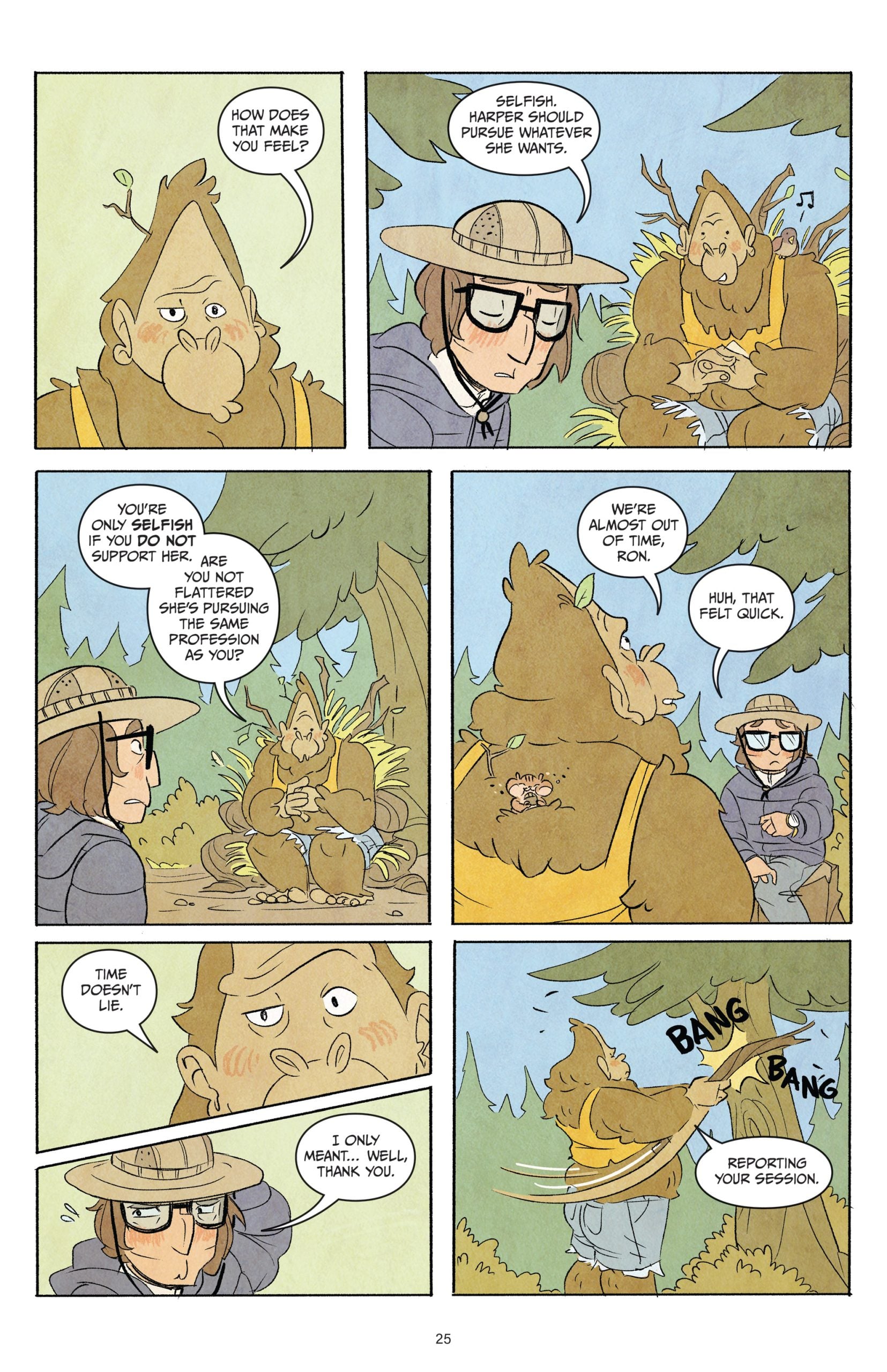 A person in glasses interviews a large, furry creature outdoors. They discuss feelings and time passing. The person takes notes, then reports the session as the creature disappears with a "BANG BANG.